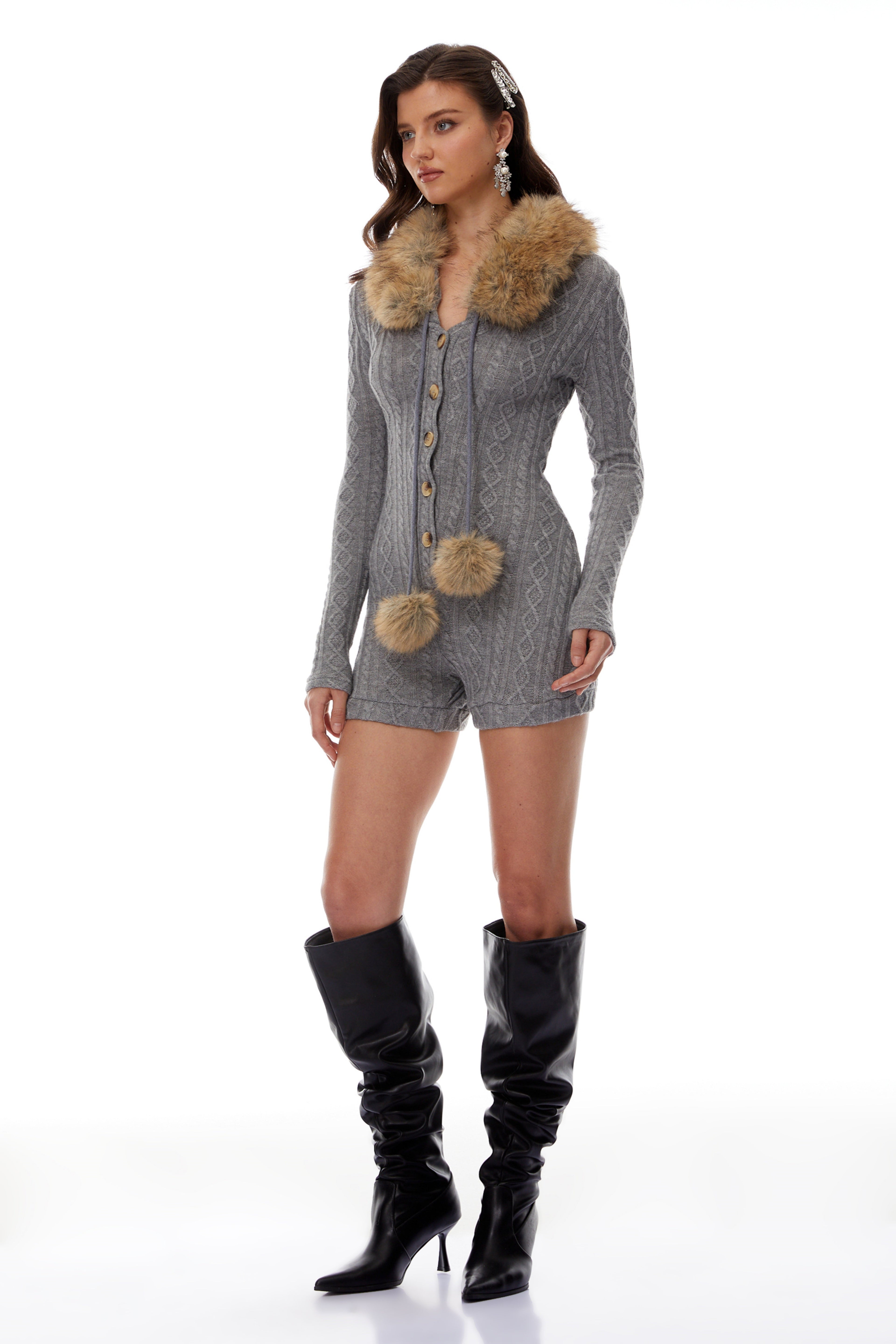 Saskia Grey Fur Trim Stretch Rib-Knit Playsuit