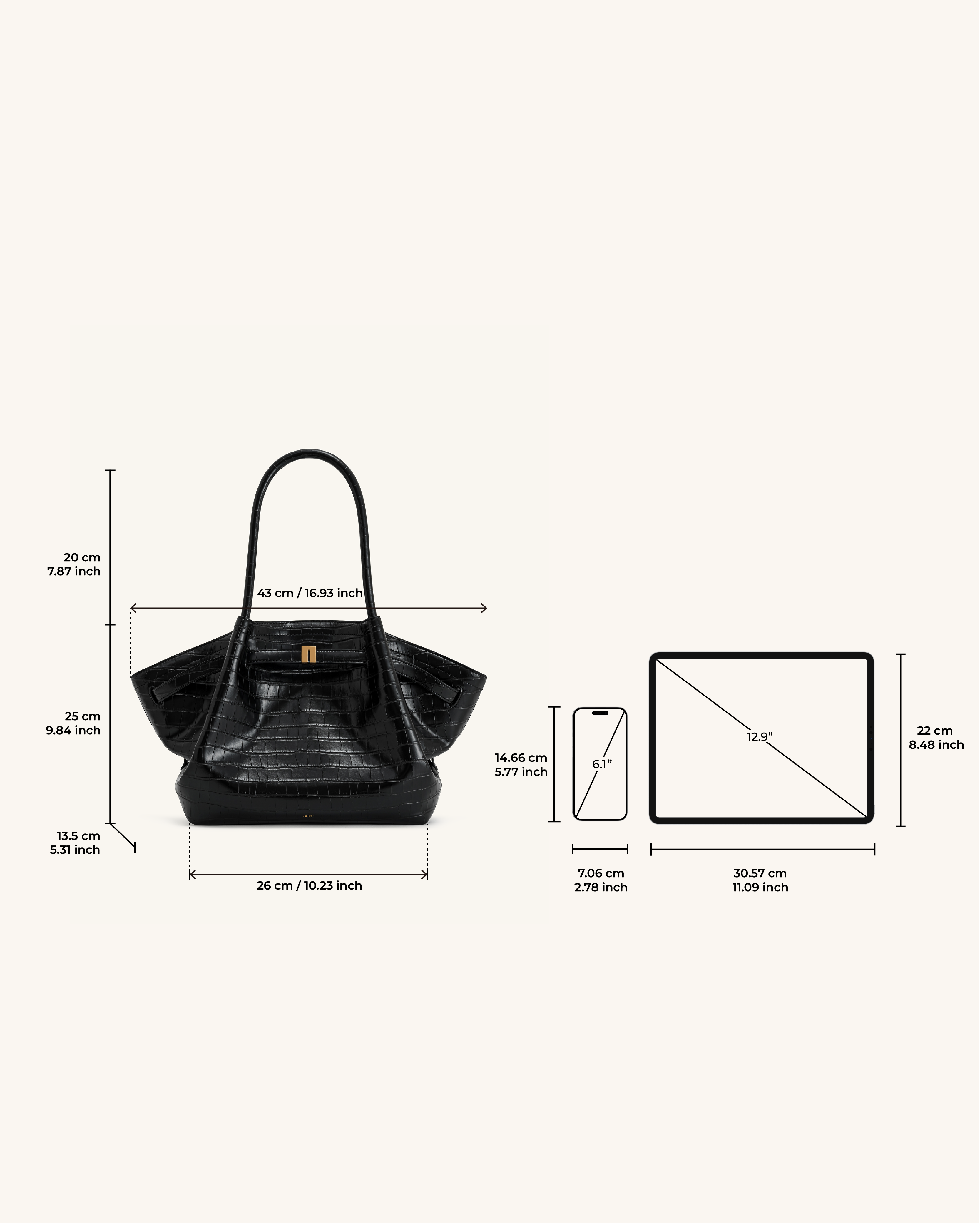Bolso tote mediano Hana de JW PEI en color negro con textura de cocodrilo, diseño elegante y moderno.