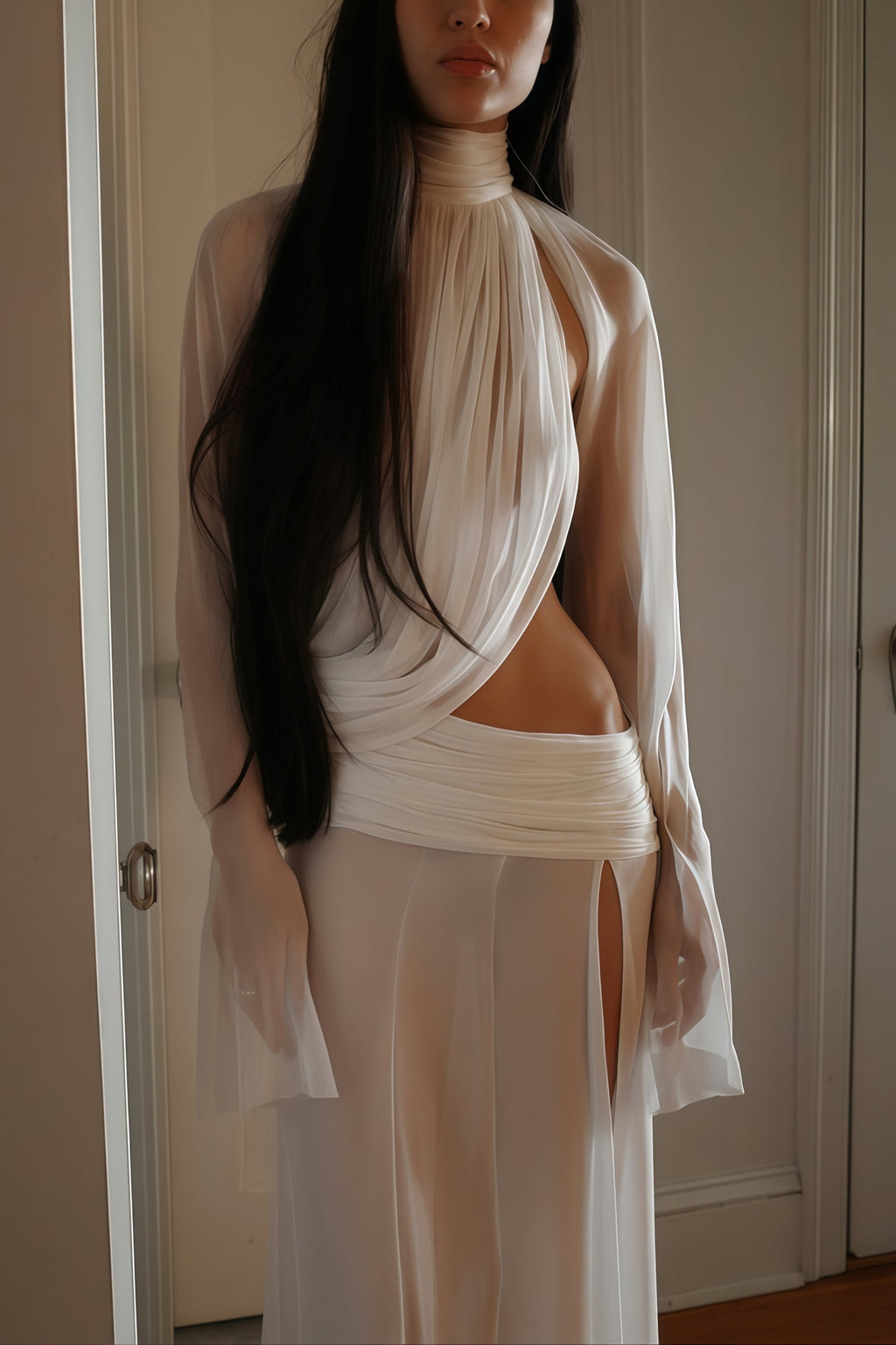Conjunto de top y falda blanca de cuello alto con recortes de la marca Bridal, estilo elegante y moderno.