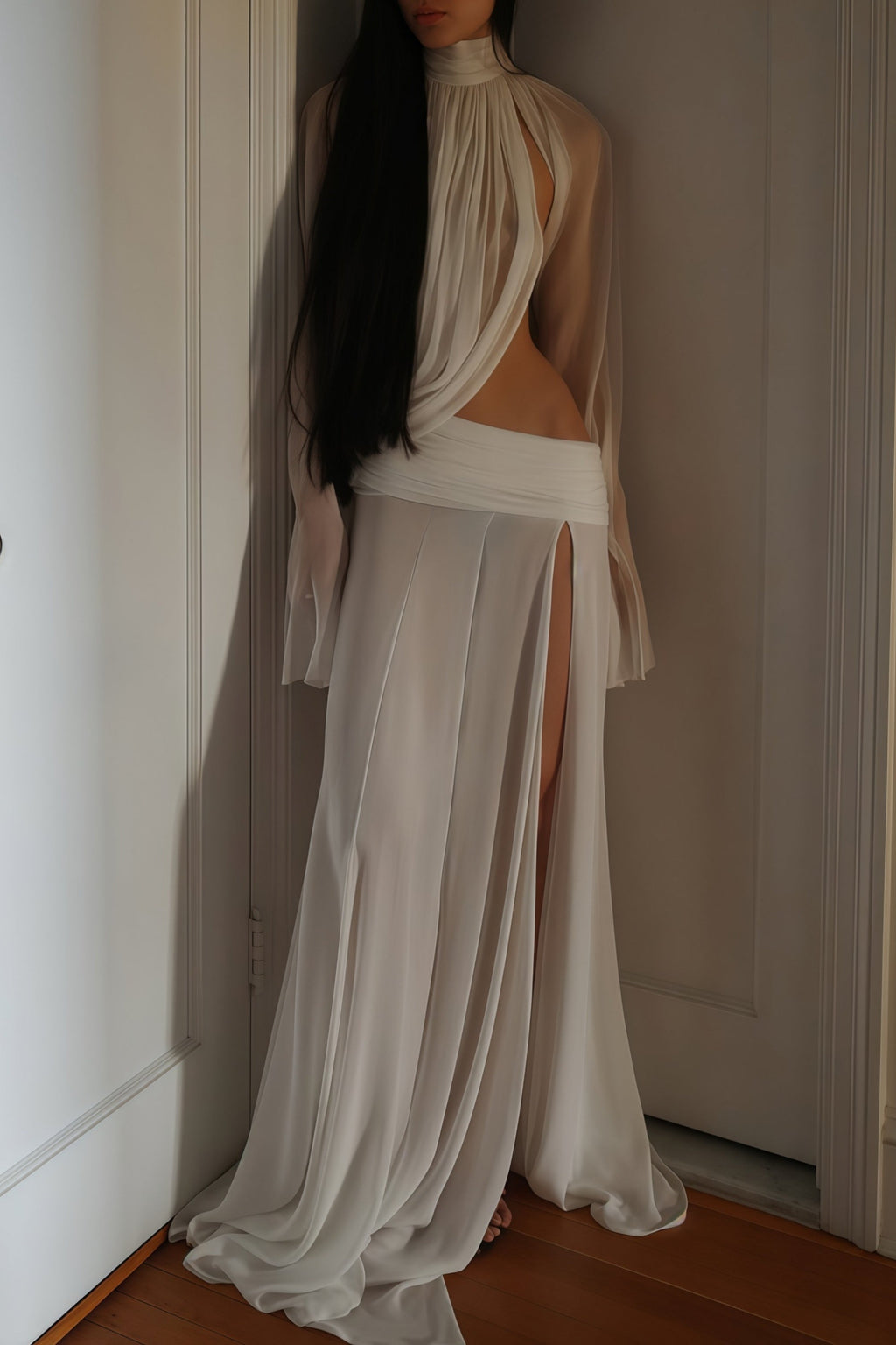 Giuseppina White High Neck Cut-Out Top & Skirt Set