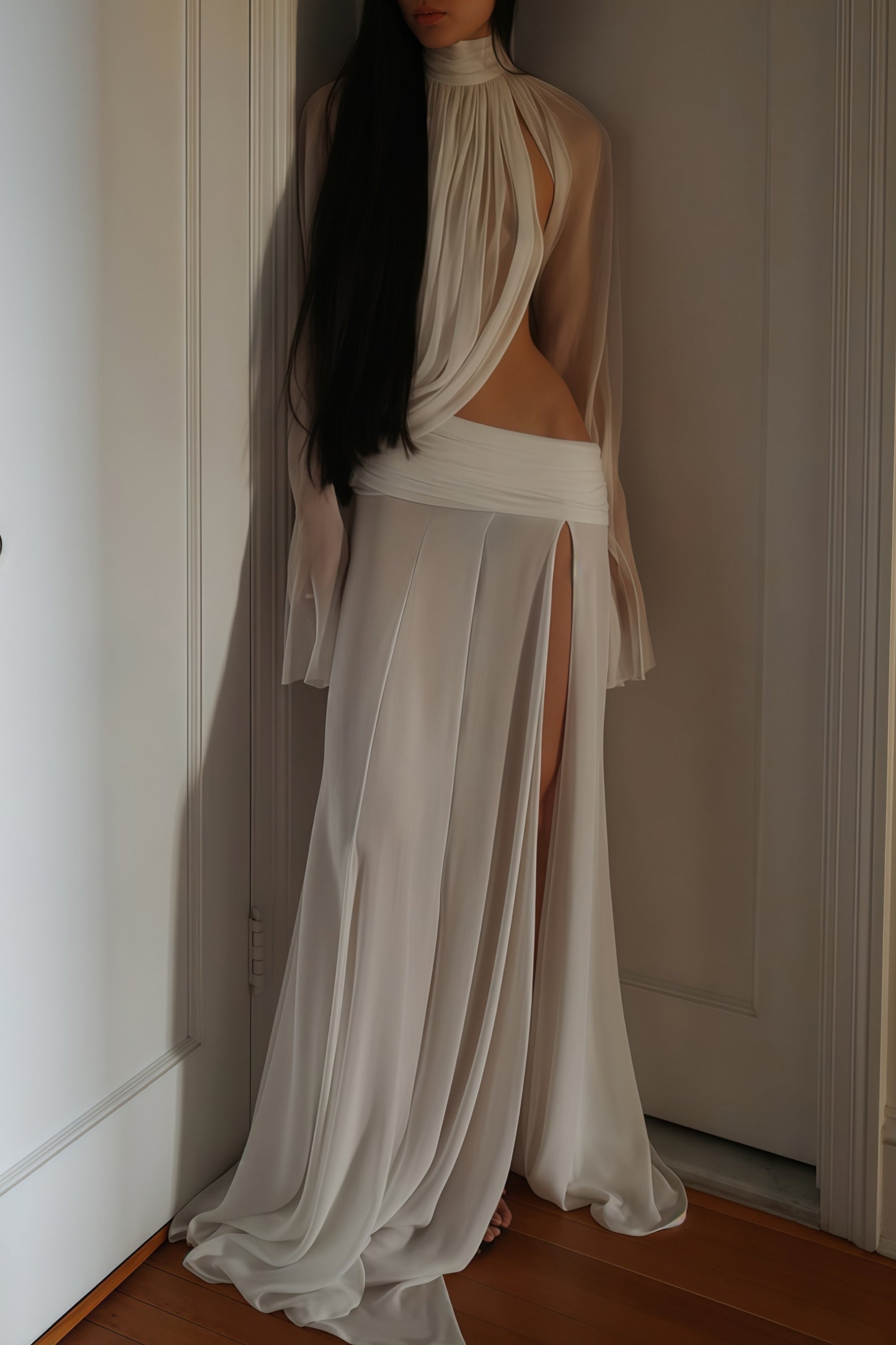 Giuseppina White High Neck Cut-Out Top & Skirt Set