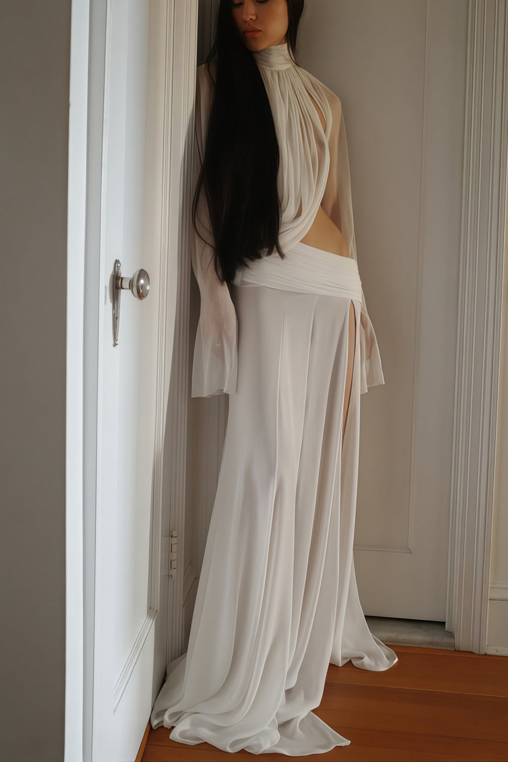 Giuseppina White High Neck Cut-Out Top & Skirt Set