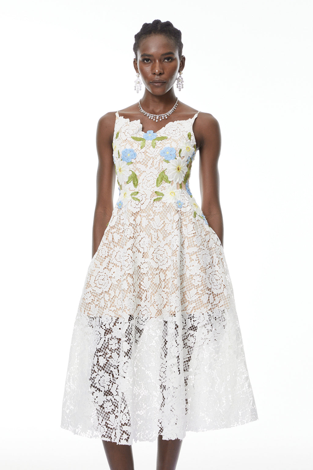 Solea White Floral Embroidered Lace Midi Dress