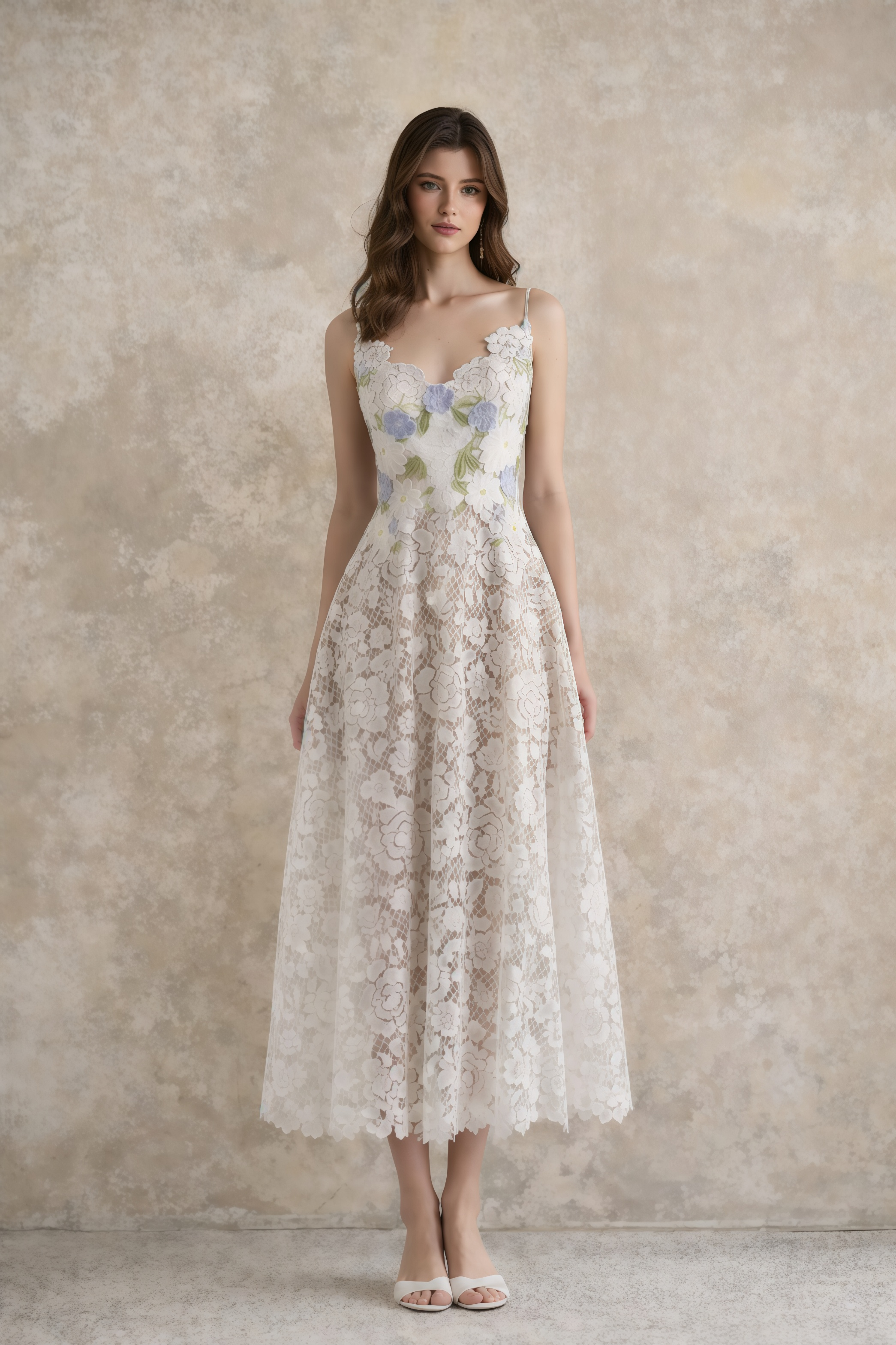 Vestido midi blanco con encaje bordado floral de la marca MRNewyork, con detalles elegantes y delicados en la parte superior.