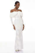 Susanne White Fur Trim Floral Lace Maxi Dress