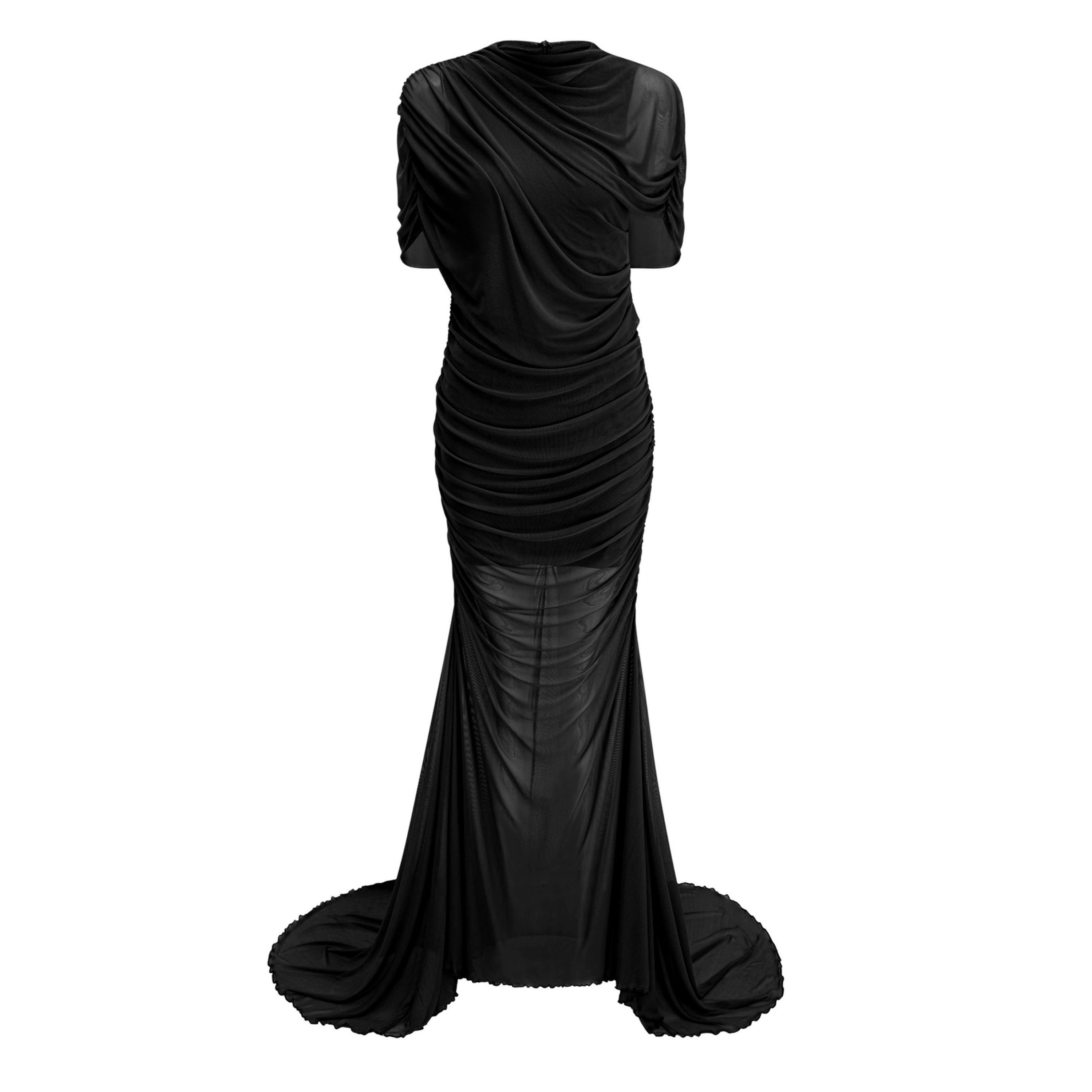 Vestido largo maxi negro asimétrico con fruncido y malla, de la marca MRTokyo, en color negro y diseño elegante.