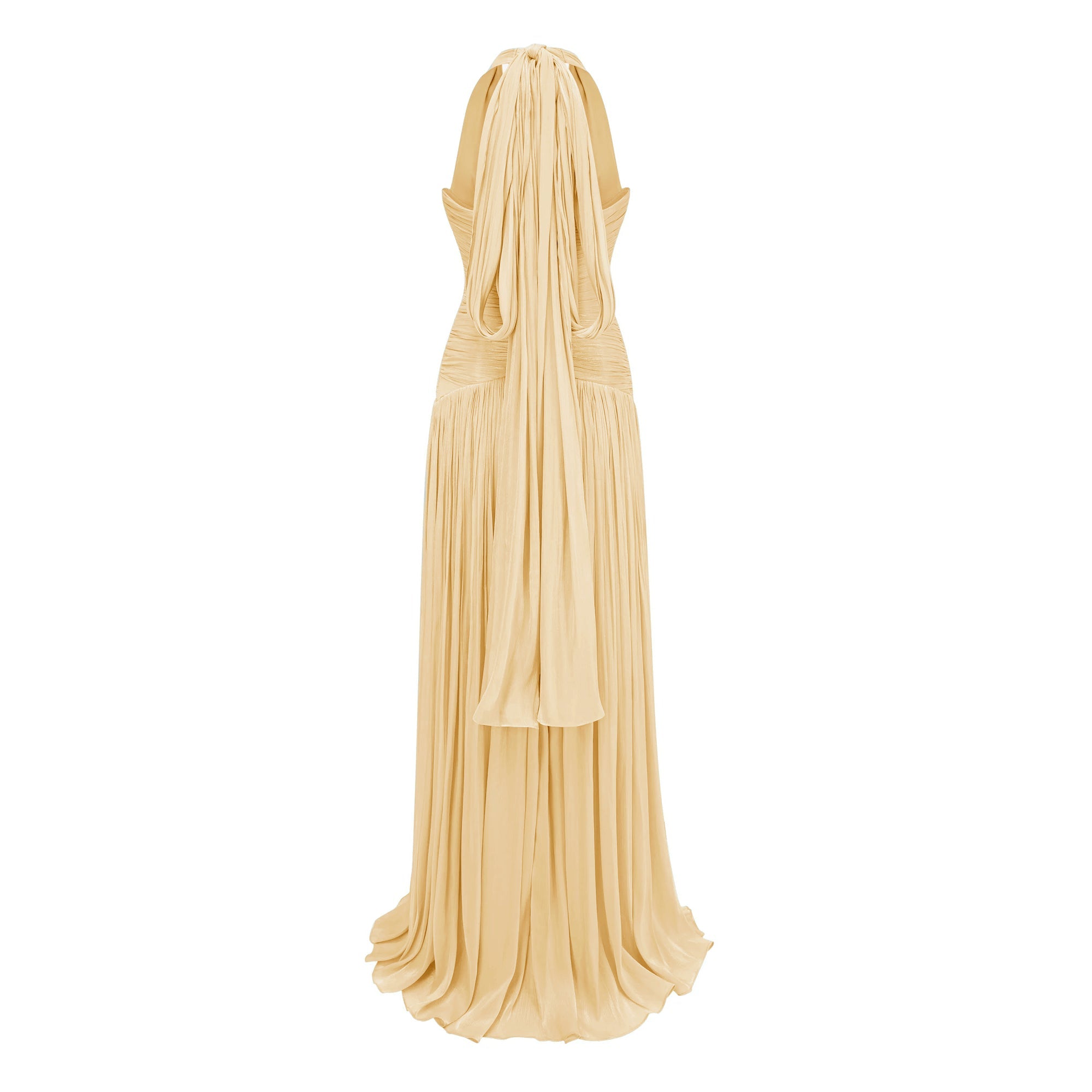 Vestido maxi amarillo Uranie Bridal con fruncido y diseño largo, ideal para bodas o eventos elegantes.