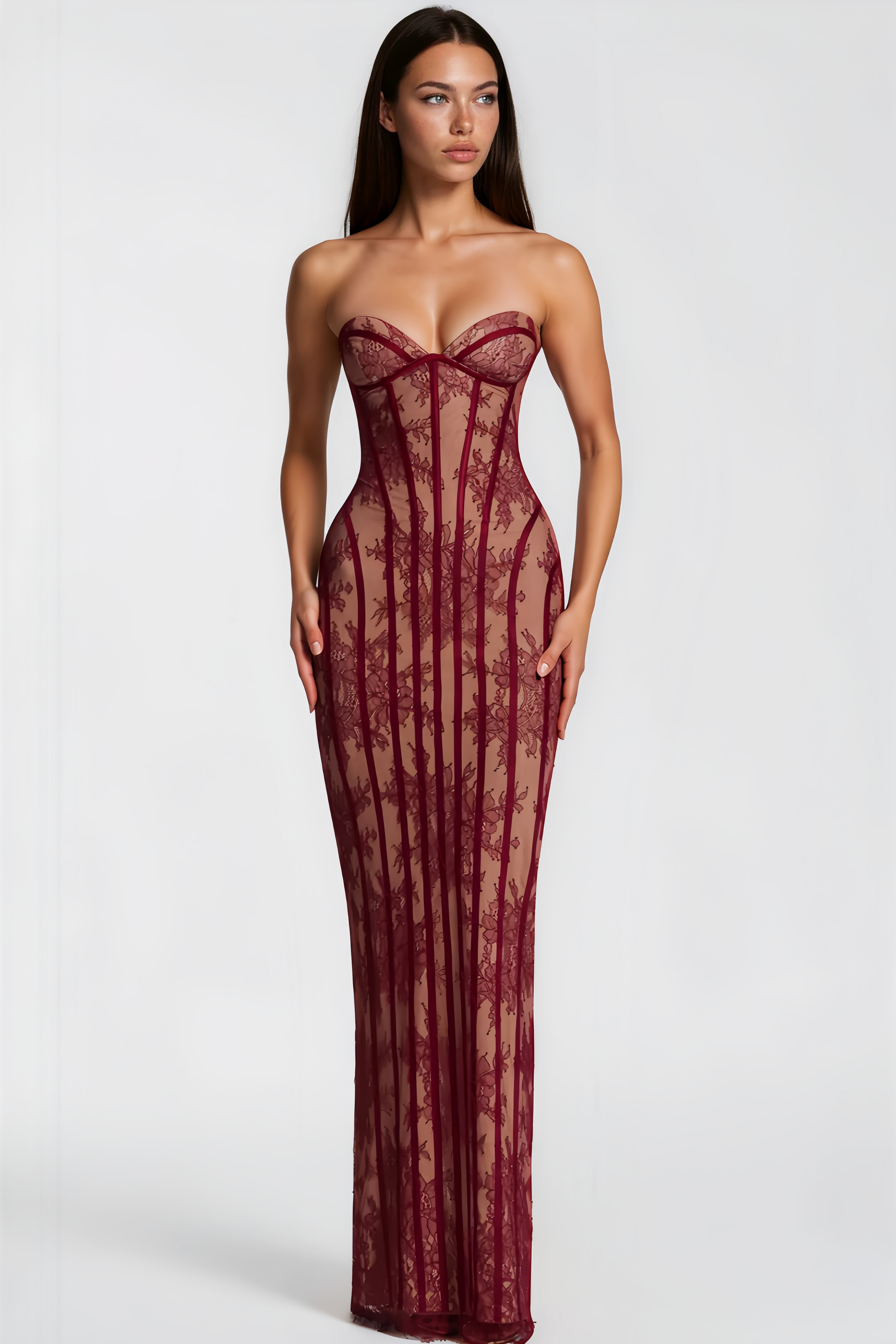 Vestido largo maxi rojo con encaje floral y corsé ajustado de la marca MRNewyork, en una vista frontal.