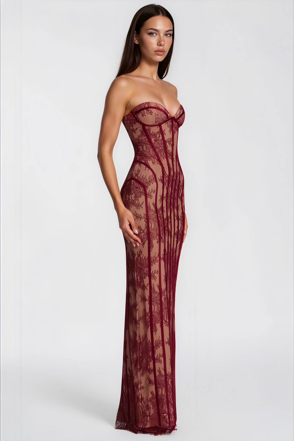 Vestido maxi rojo con corsé de encaje floral de la marca MRNewyork, elegante y ajustado, con detalles delicados en la parte superior.