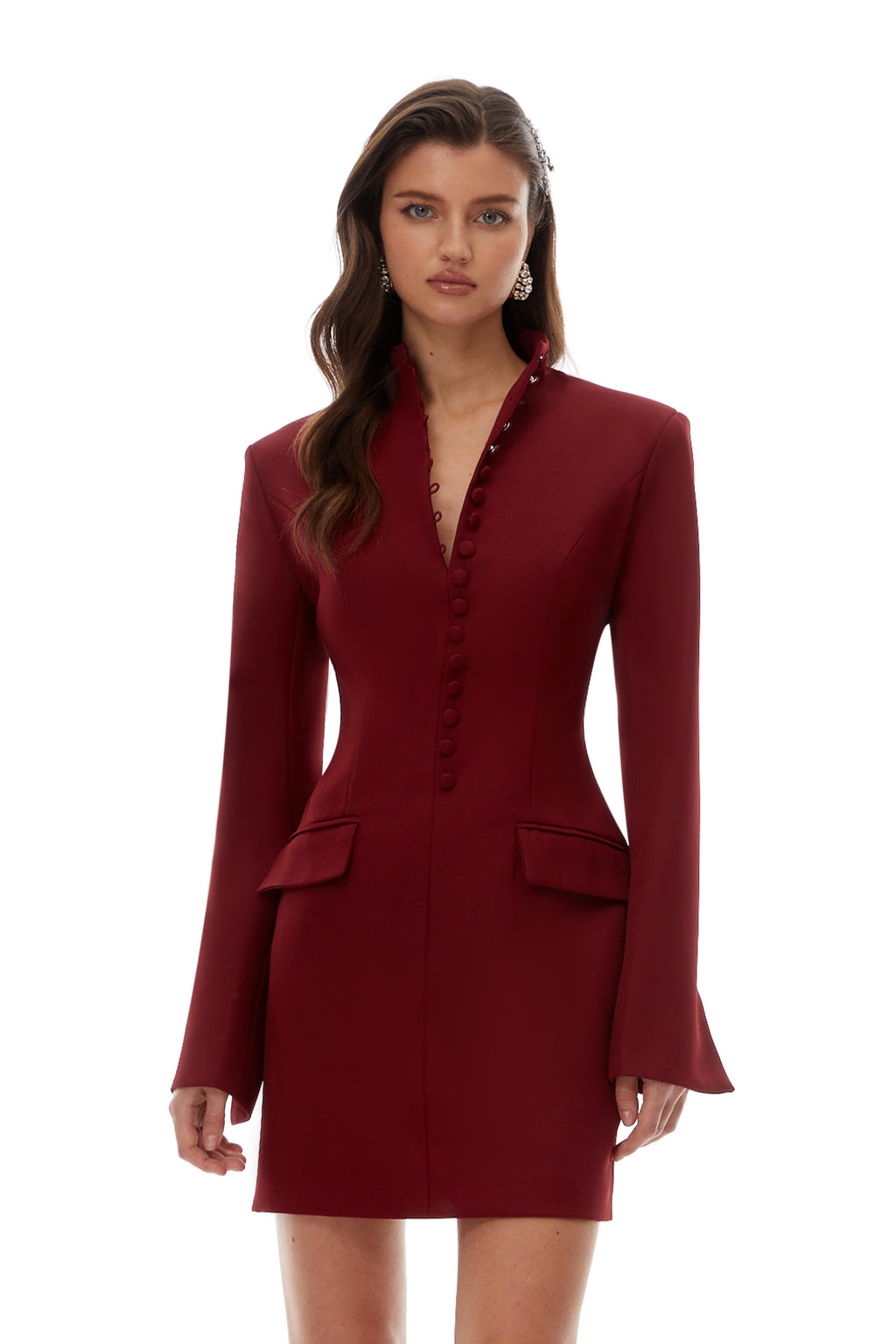 Valeria Burgundy Stand Collar Long Sleeve Mini Dress
