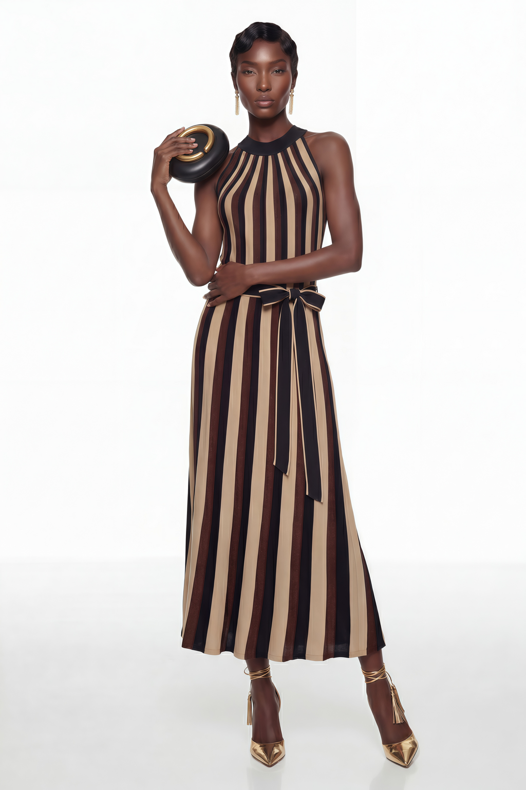 Vestido largo estilo maxi de bloques de color negro de la marca MRMelbourne, con diseño elegante y cómodo.