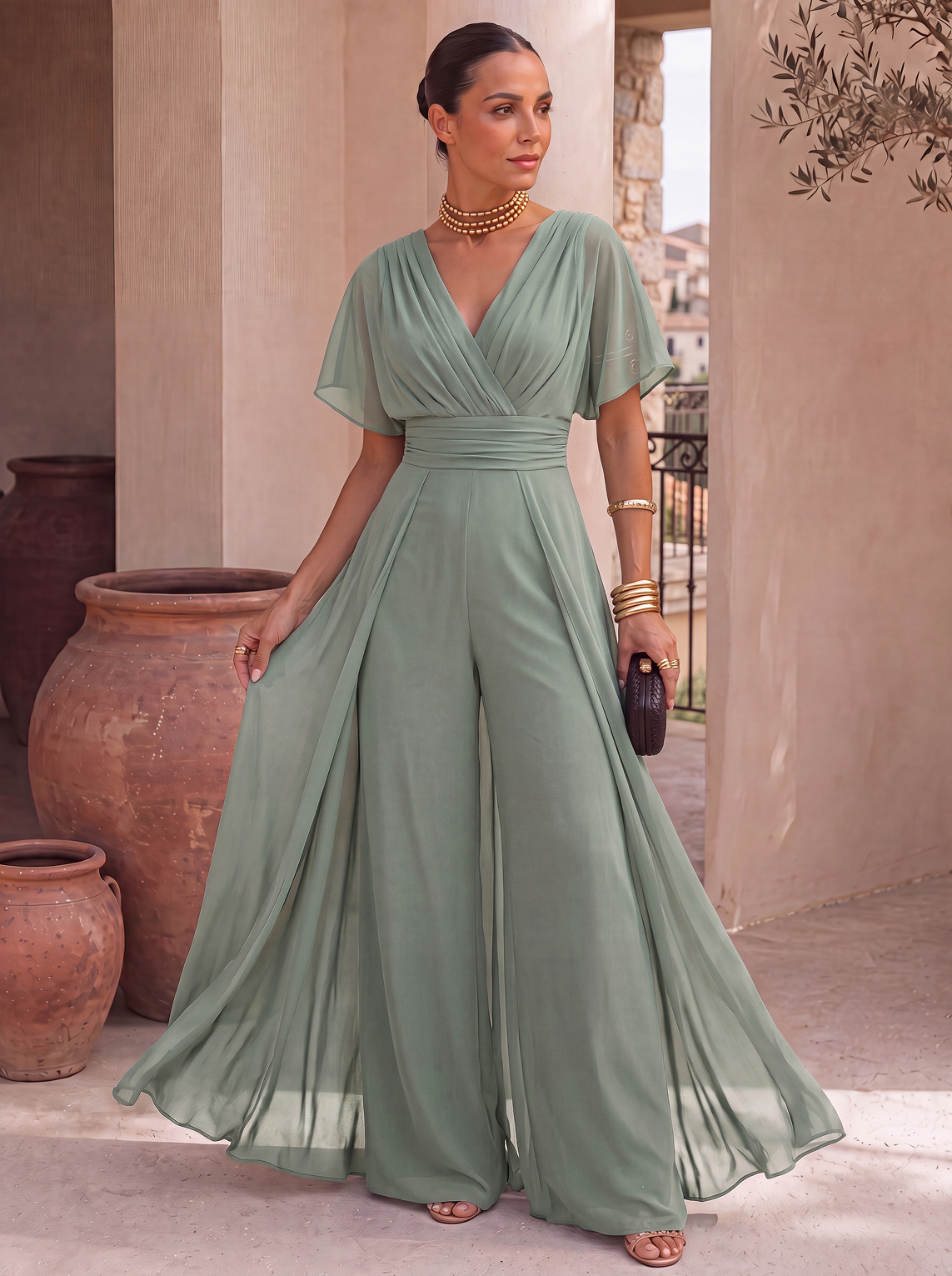Mujer con mono largo verde de Elara Voss, escote halter y pañuelo en chifón, en un portico elegante.