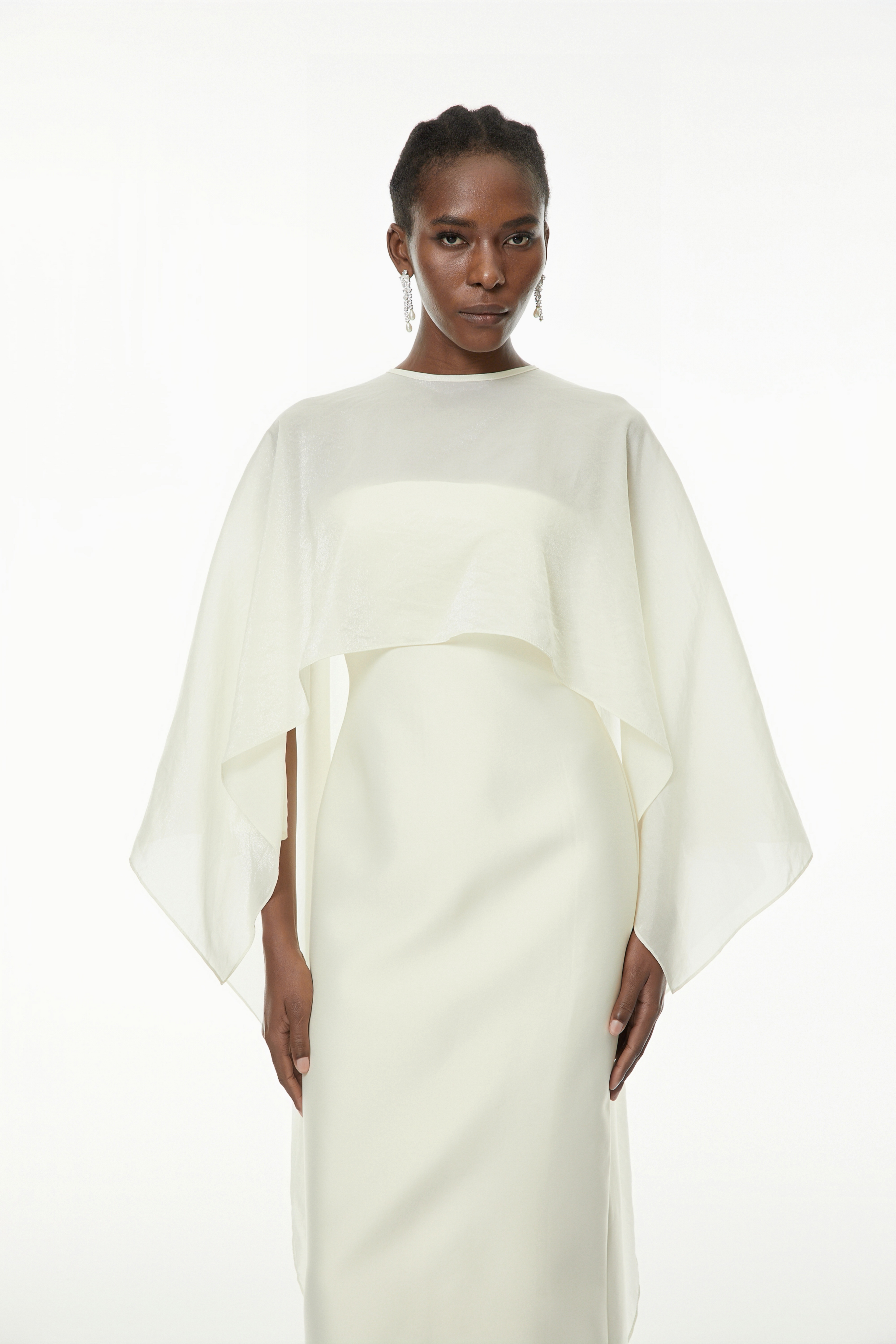 Xiomara White Cape Design Satin Maxi Dress