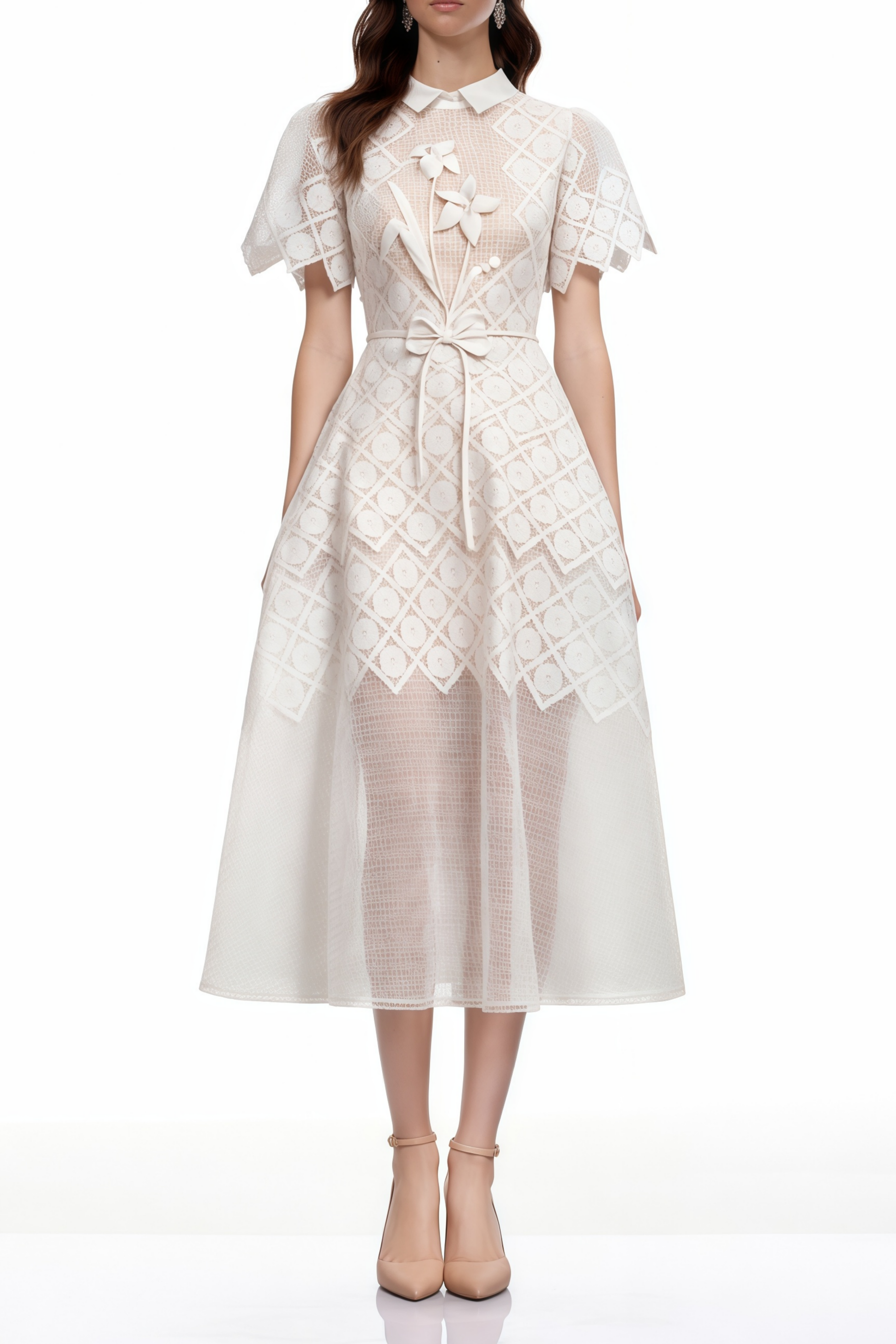 Vestido midi blanco con bordado floral de la marca MRNewyork, diseño elegante y femenino con detalles detallados en la tela.