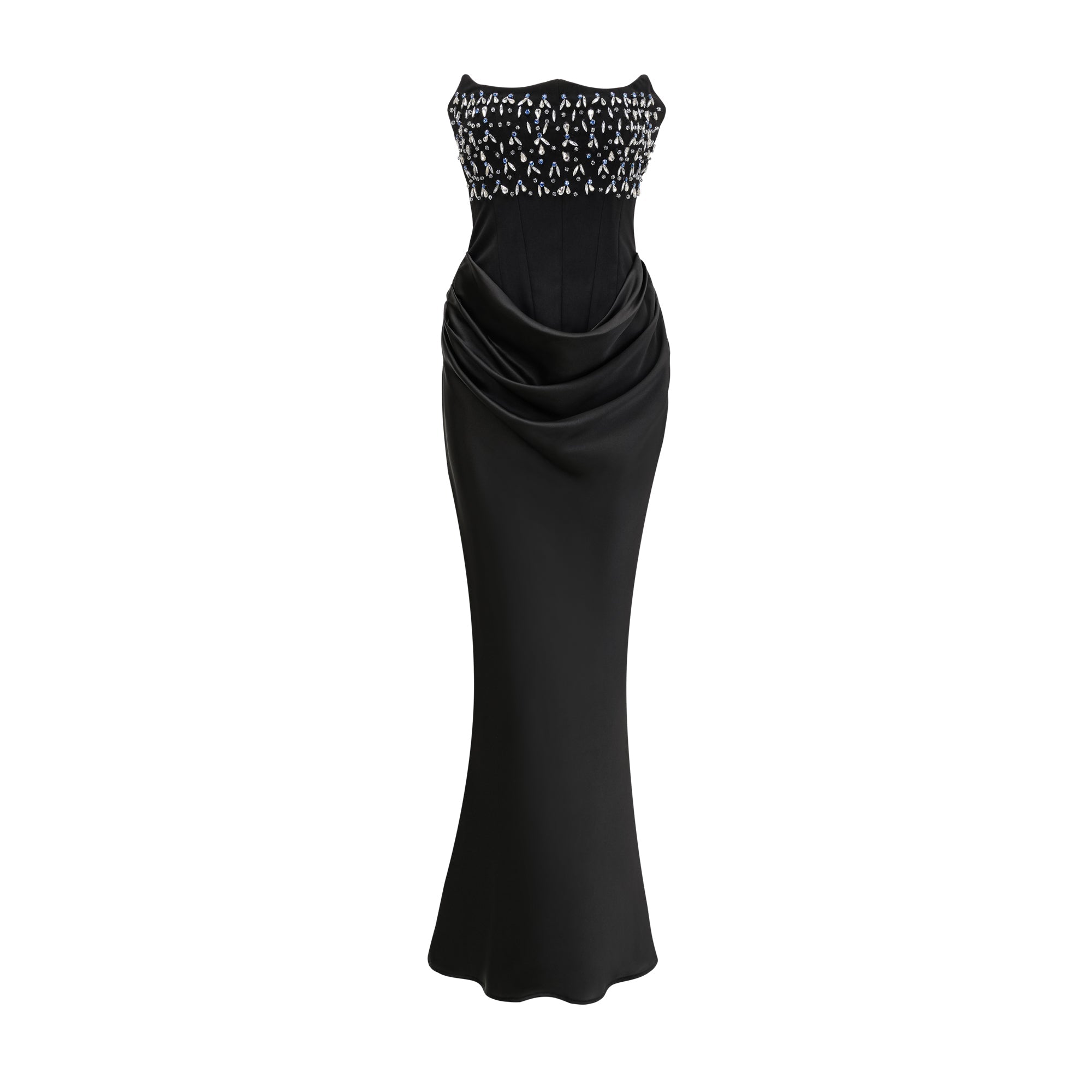 Vestido maxi negro de cristal Aurore con adornos brillantes, elegante y de alta costura para ocasiones especiales.