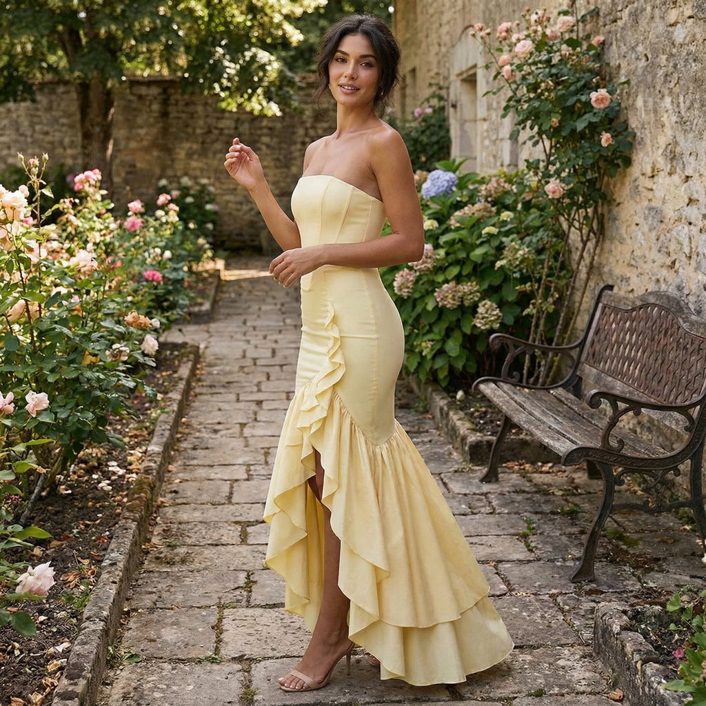 Vestido largo sin mangas con abertura y volantes de la marca SLIPPO® para invitada de boda, color pastel y diseño elegante.