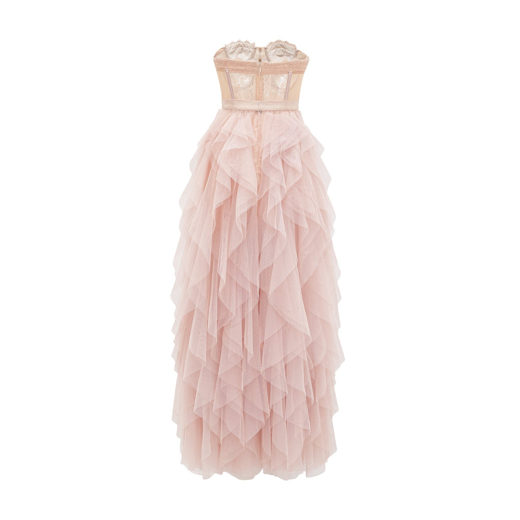 Vestido largo maxi rosa Eilís con bustier de malla, ajuste ceñido y estilo elegante en imagen.