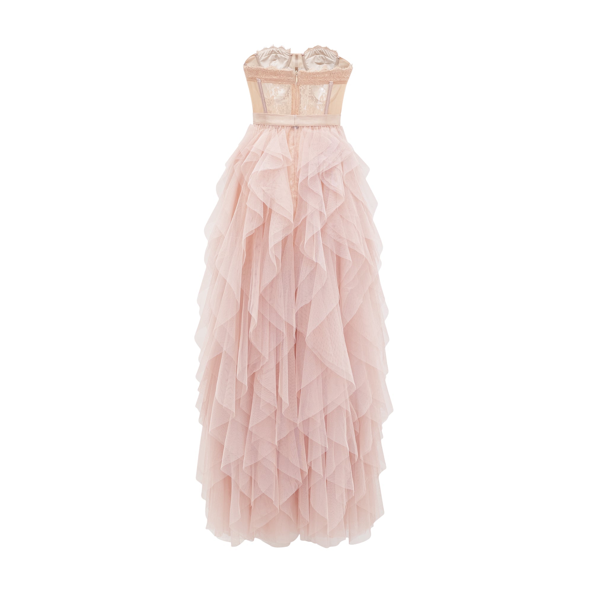 Vestido largo maxi rosa Eilís con bustier de malla, ajuste ceñido y estilo elegante en imagen.