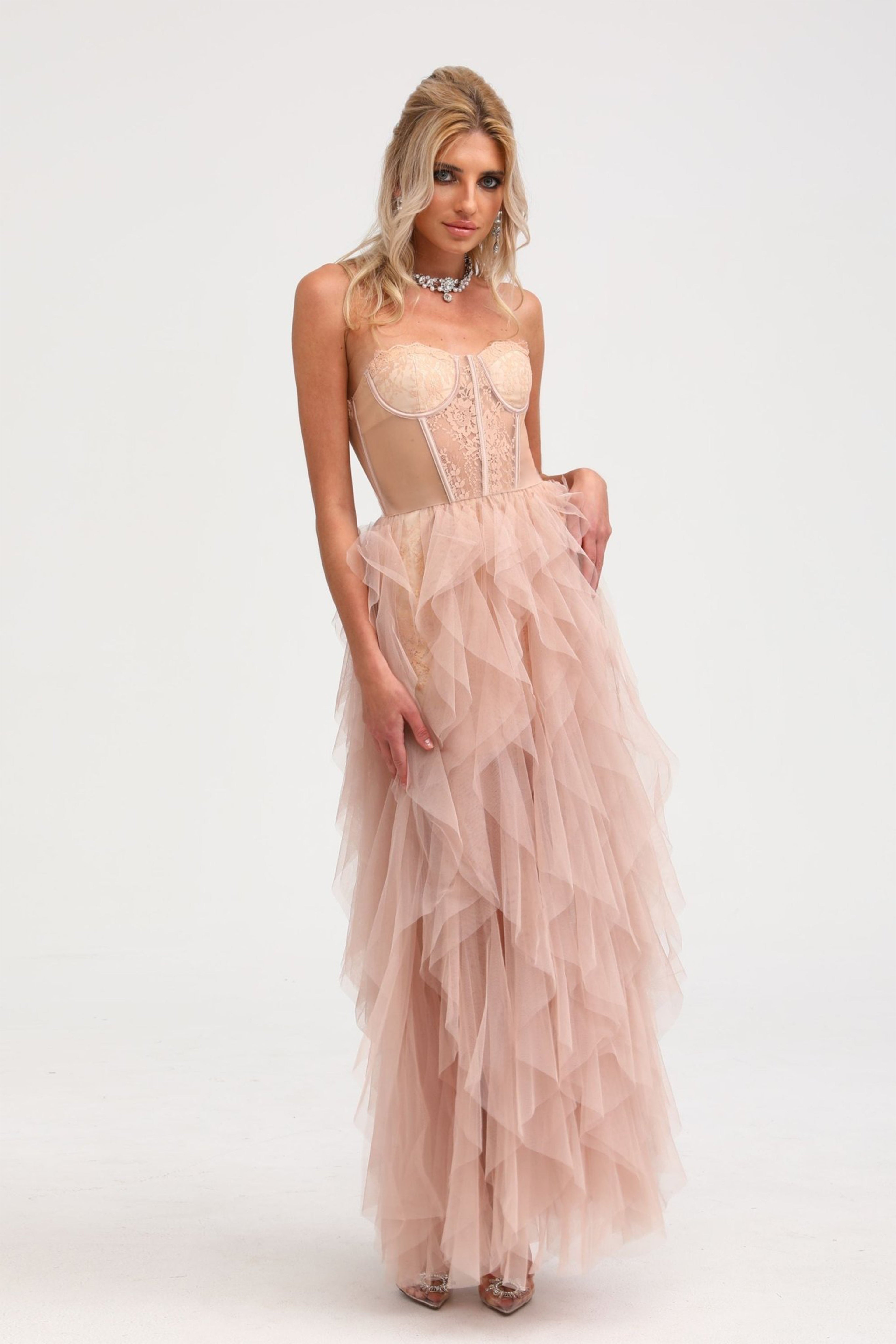 Vestido largo rosa de malla Eilís Bustier, vestido maxi ajustado y elegante, con detalles de encaje y escote en V.