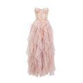 Vestido largo maxi rosa de malla Eilís con bustier ajustado y escote profundo, estilo elegante para ocasiones especiales