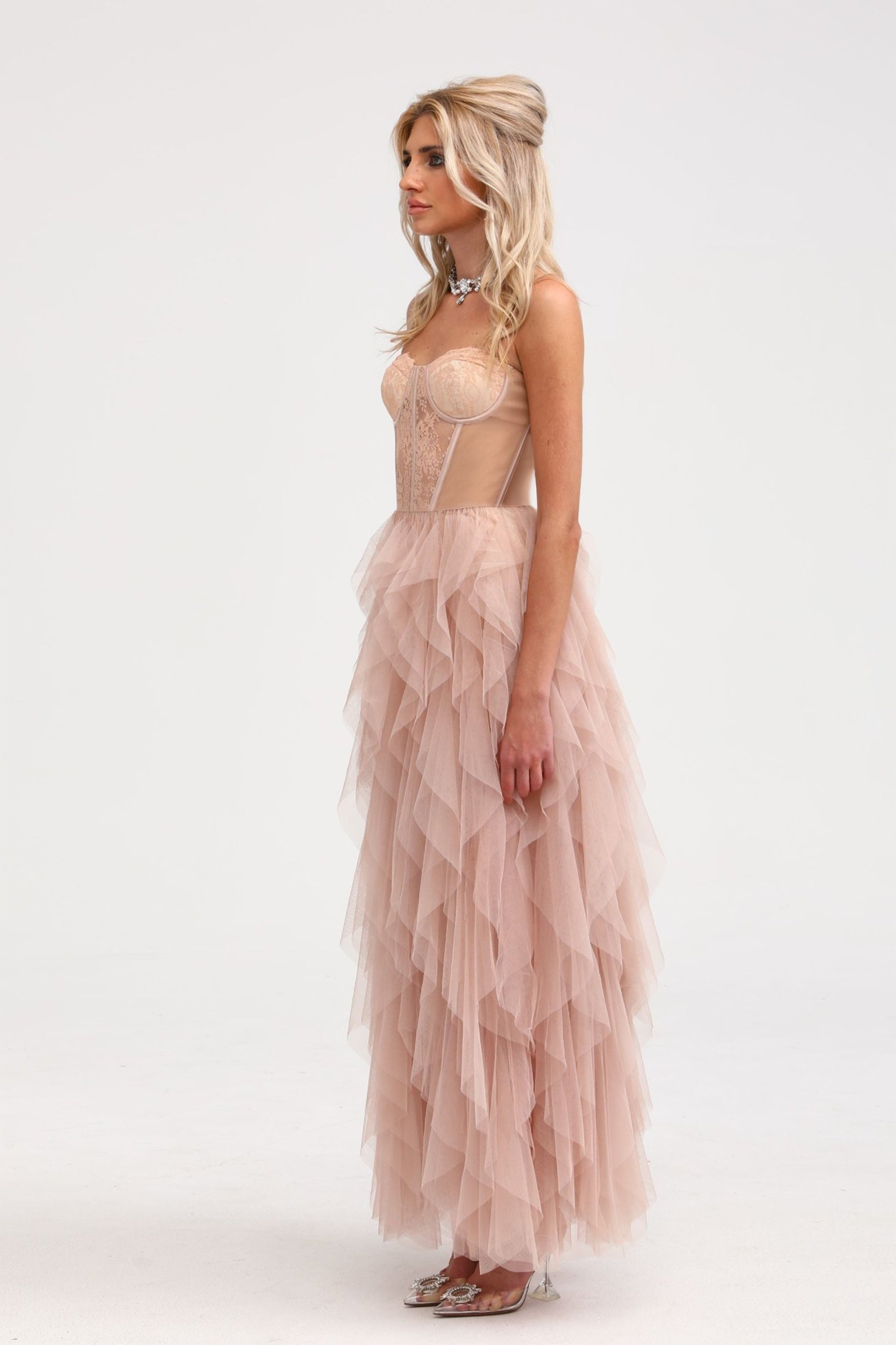 Vestido largo rosa con bustier de malla de la marca Final Sale, estilo maxi y ajustado, con detalles transparentes y elegantes.
