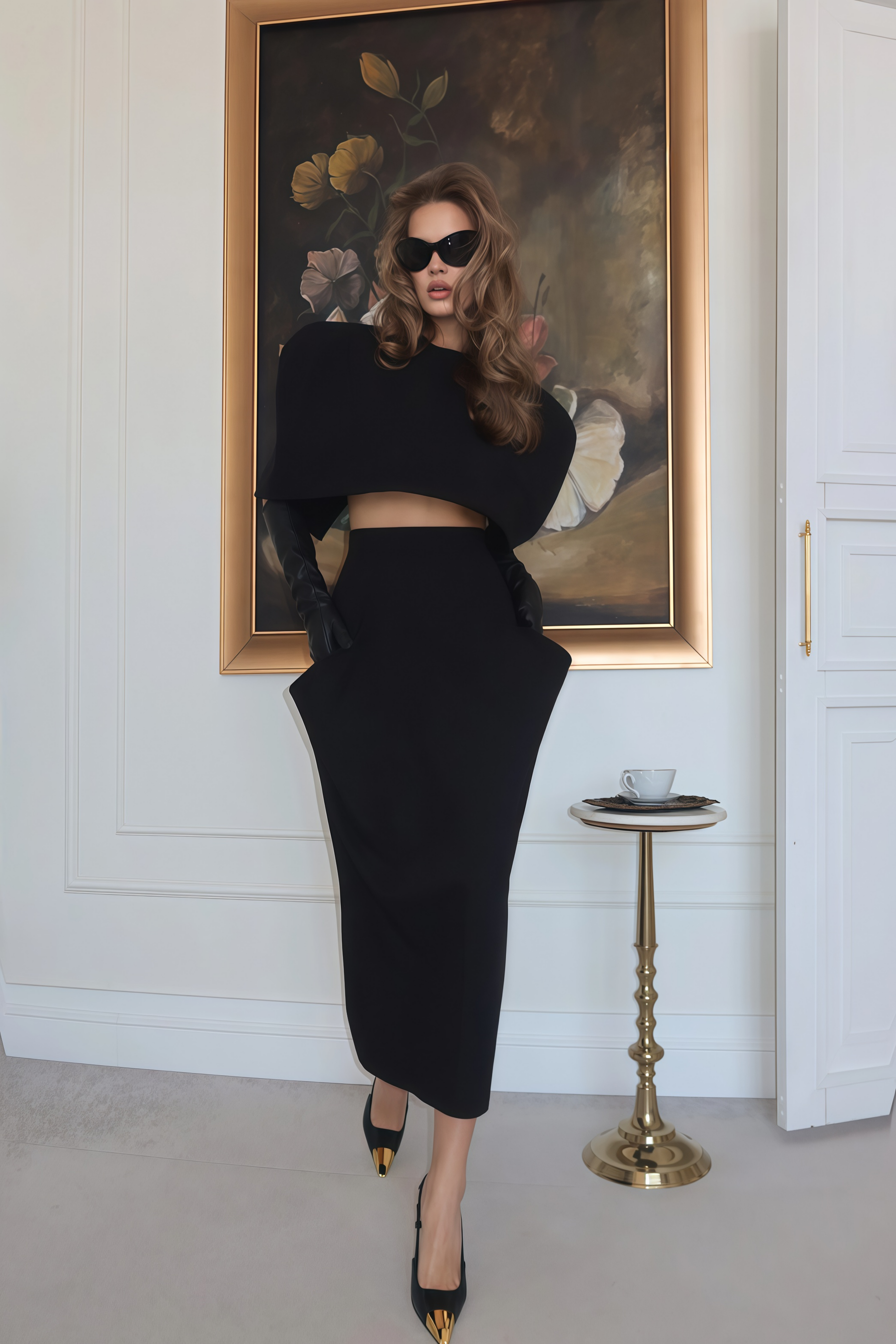 Conjunto de capa estructurada negra Shiva y falda asimétrica de MRNewyork, estilo elegante y moderno en la imagen.