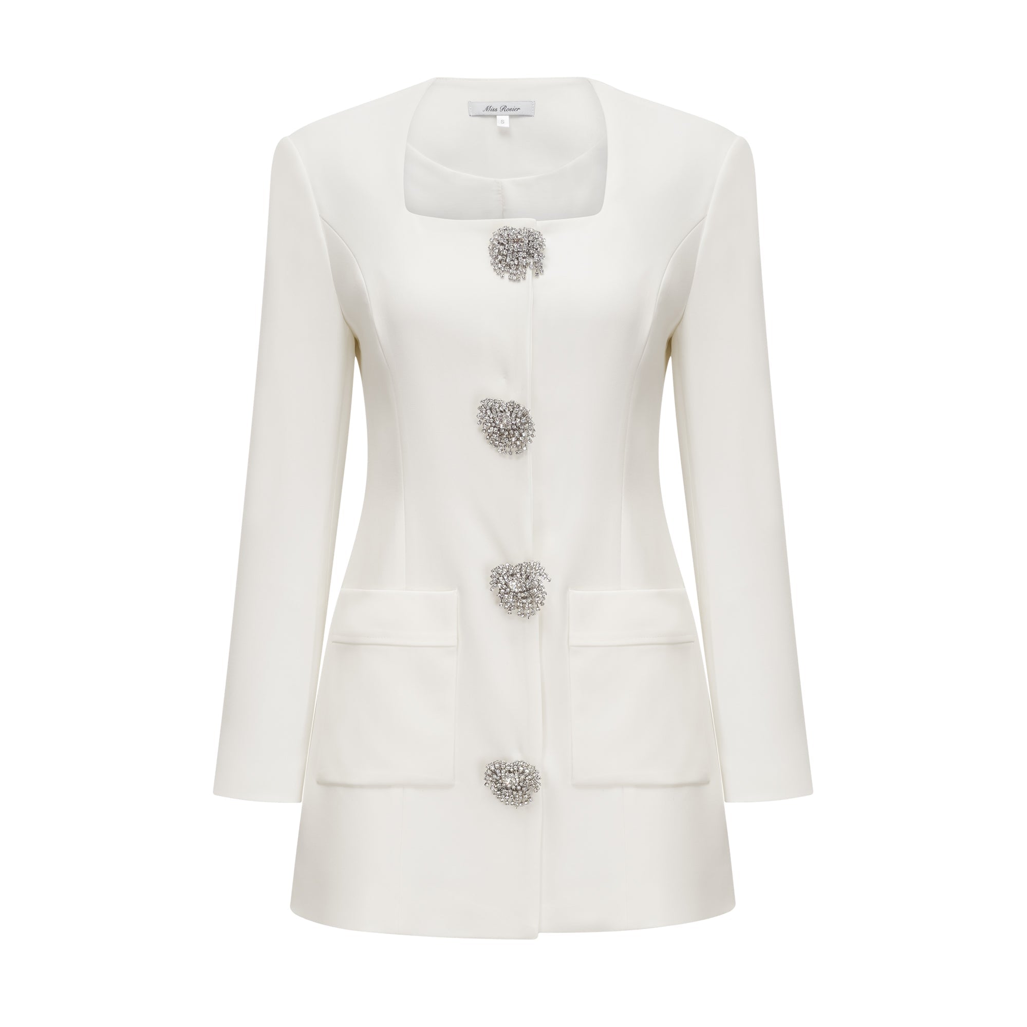 Vestido mini Fionnghuala blanco con cristales brillantes, diseño elegante y ajustado, ideal para ocasiones especiales.