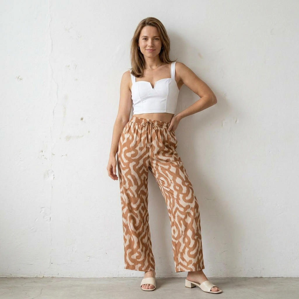Conjunto griego de tirantes cuadrados lisos y pantalones acampanados de la marca IVORY, en tela de color sólido.