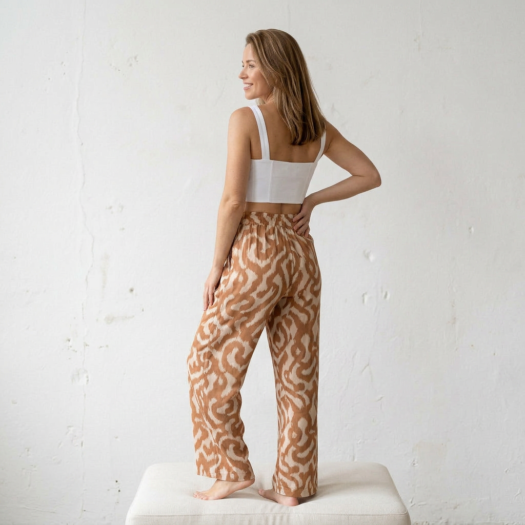 Conjunto griego IVORY con top de tirantes cuadrados lisos y pantalones acampanados, modelo con estilo elegante y moderno.