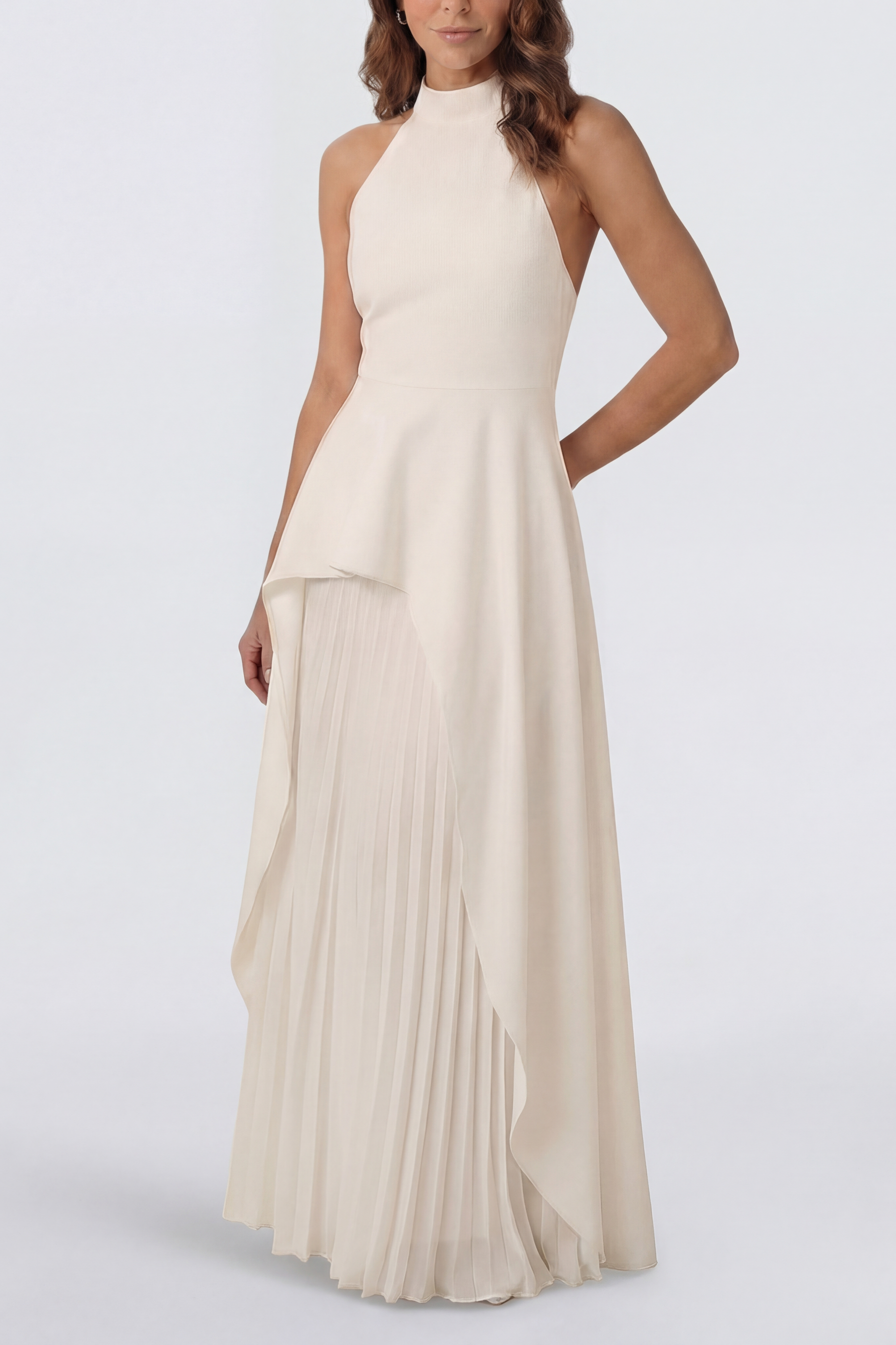 Vestido largo de Lorenza Club, con diseño elegante y detalles en la parte superior, en color azul claro.