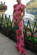 Vestido Largo Floral Rosa con Manga de Volante y Cuello Alto