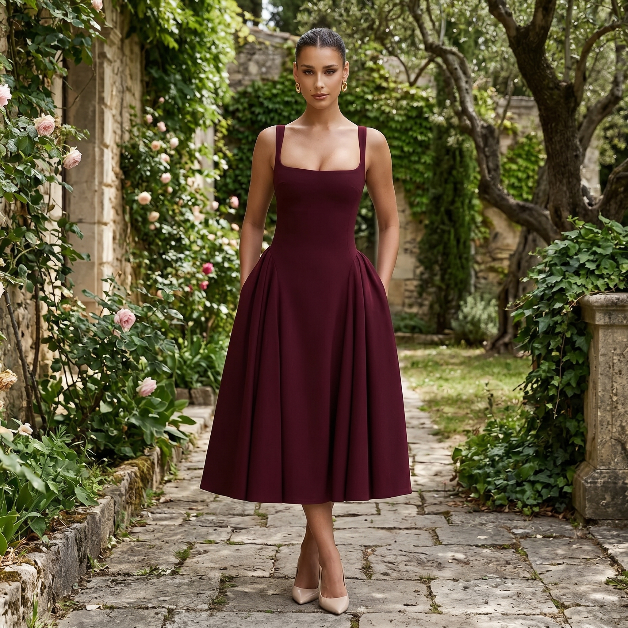 Vestido midi crepé godet Alessia de DION NOIR en color negro, con diseño ajustado y detalles elegantes.