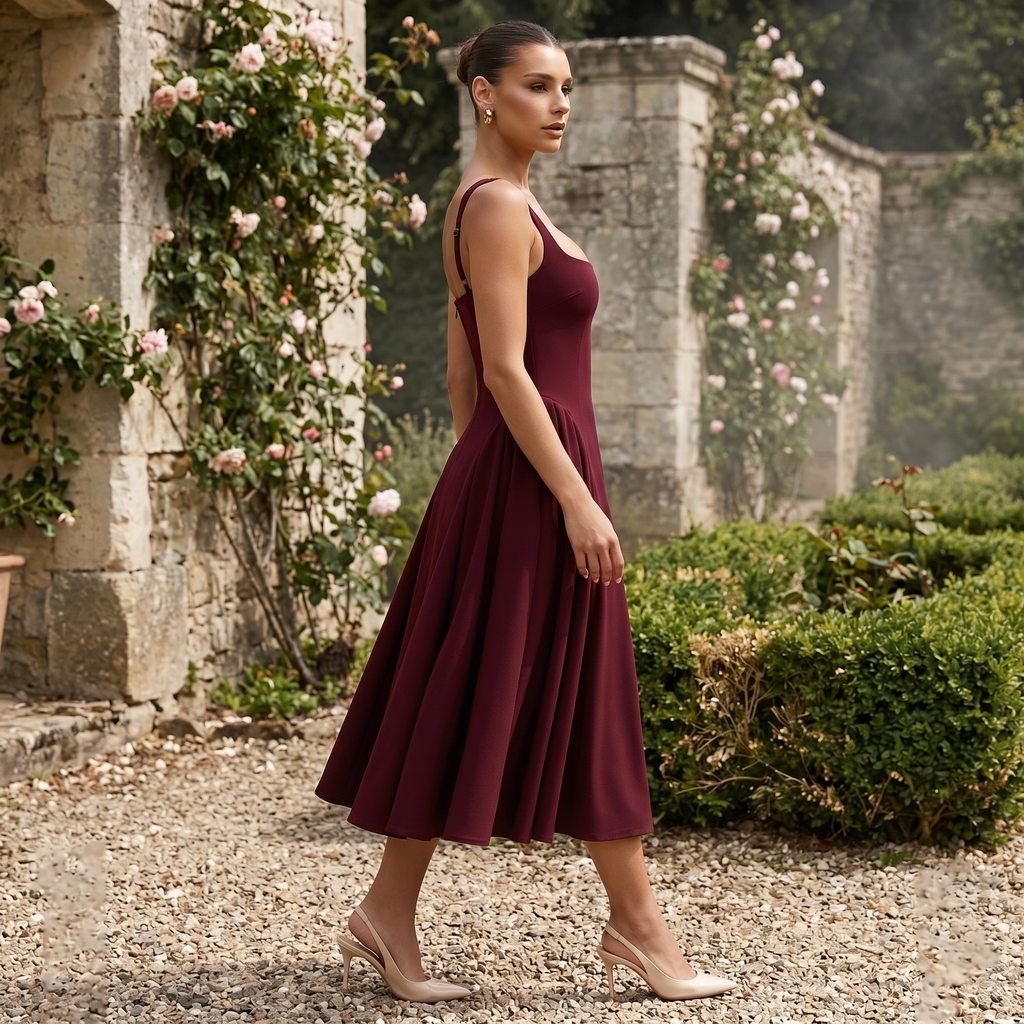 Vestido midi crepé con godet Alessia de DION NOIR, en color neutro, con diseño elegante y corte ajustado.