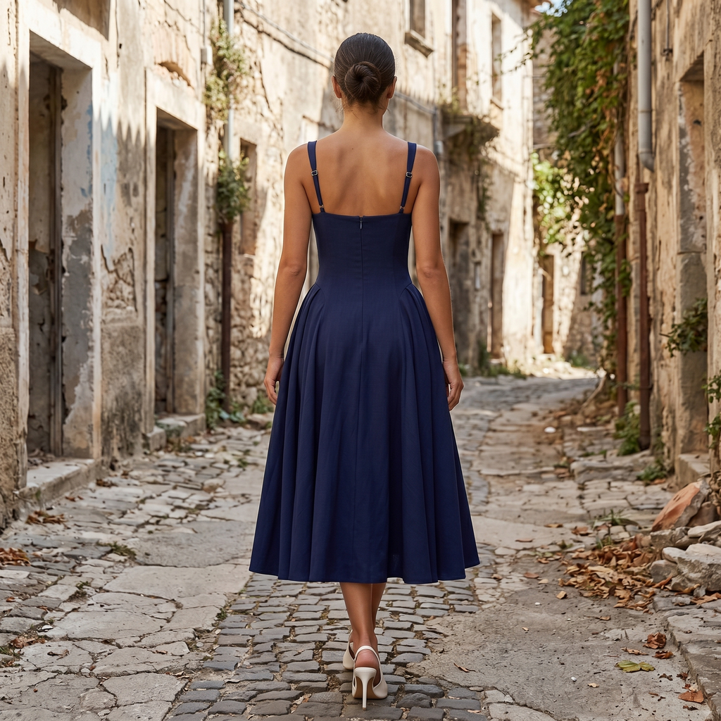 Vestido midi de crepé Alessia de DION NOIR, con detalles godet y diseño elegante en color neutro.