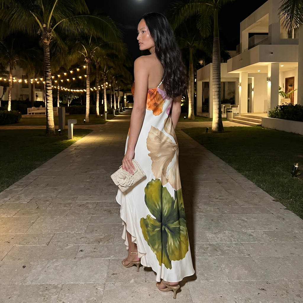 Vestido maxi de un hombro DION NOIR Aurelia, vestido largo y elegante con diseño asimétrico en color neutro