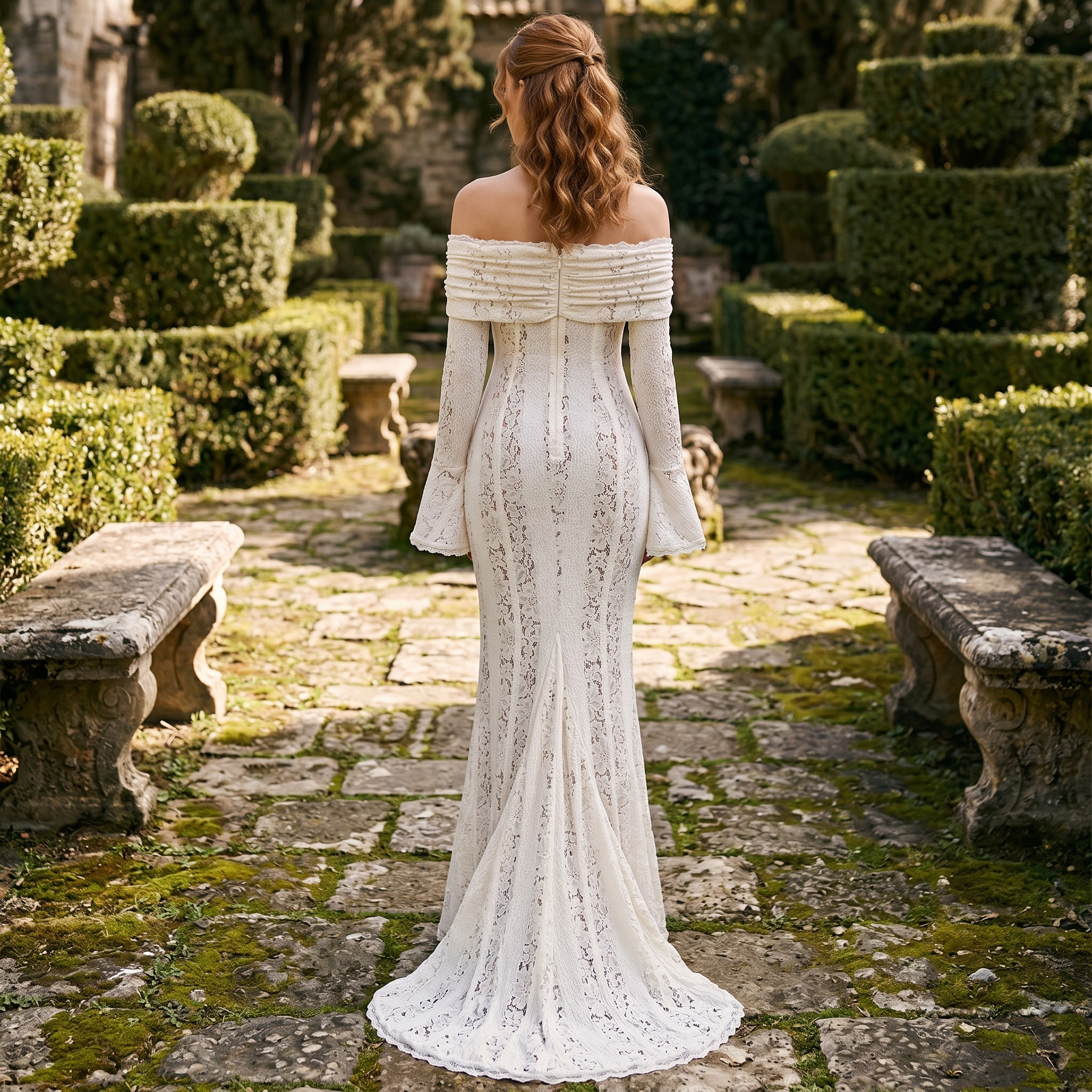 Vestido largo de encaje crochet sin hombros de DION NOIR, diseño maxi con detalles elegantes y estilo veraniego.