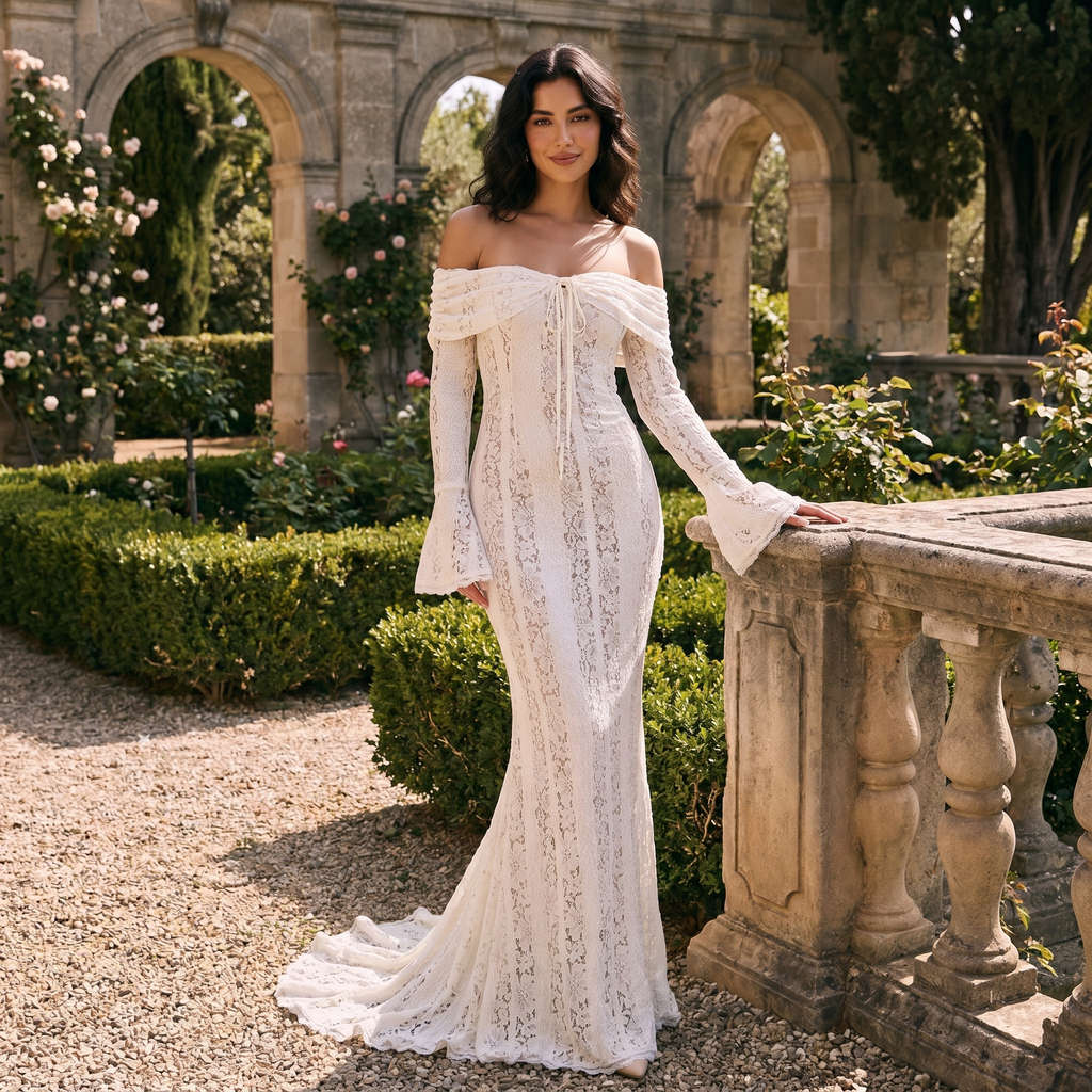 Vestido largo maxi de encaje y hombros descubiertos de la marca DION NOIR, con diseño de encaje a crochet en color elegante.