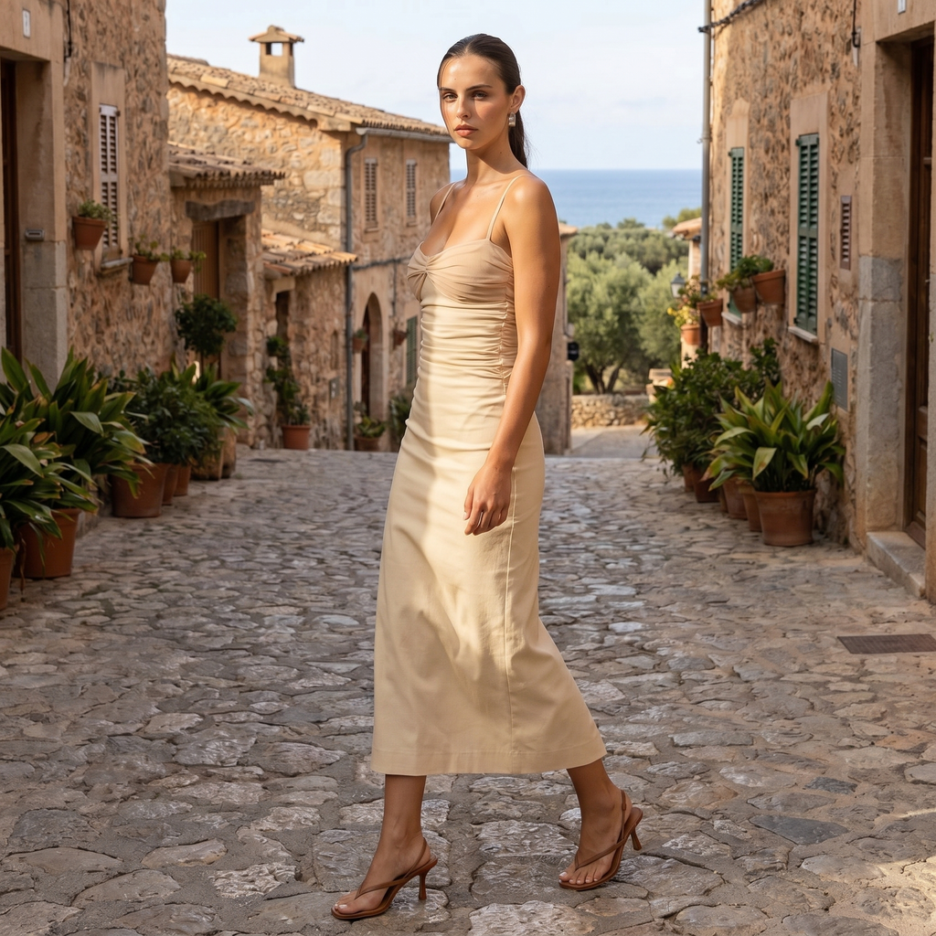 Vestido midi DION NOIR Sasha con parte superior fruncida y diseño elegante, en color oscuro, con detalles de textura en la parte superior.