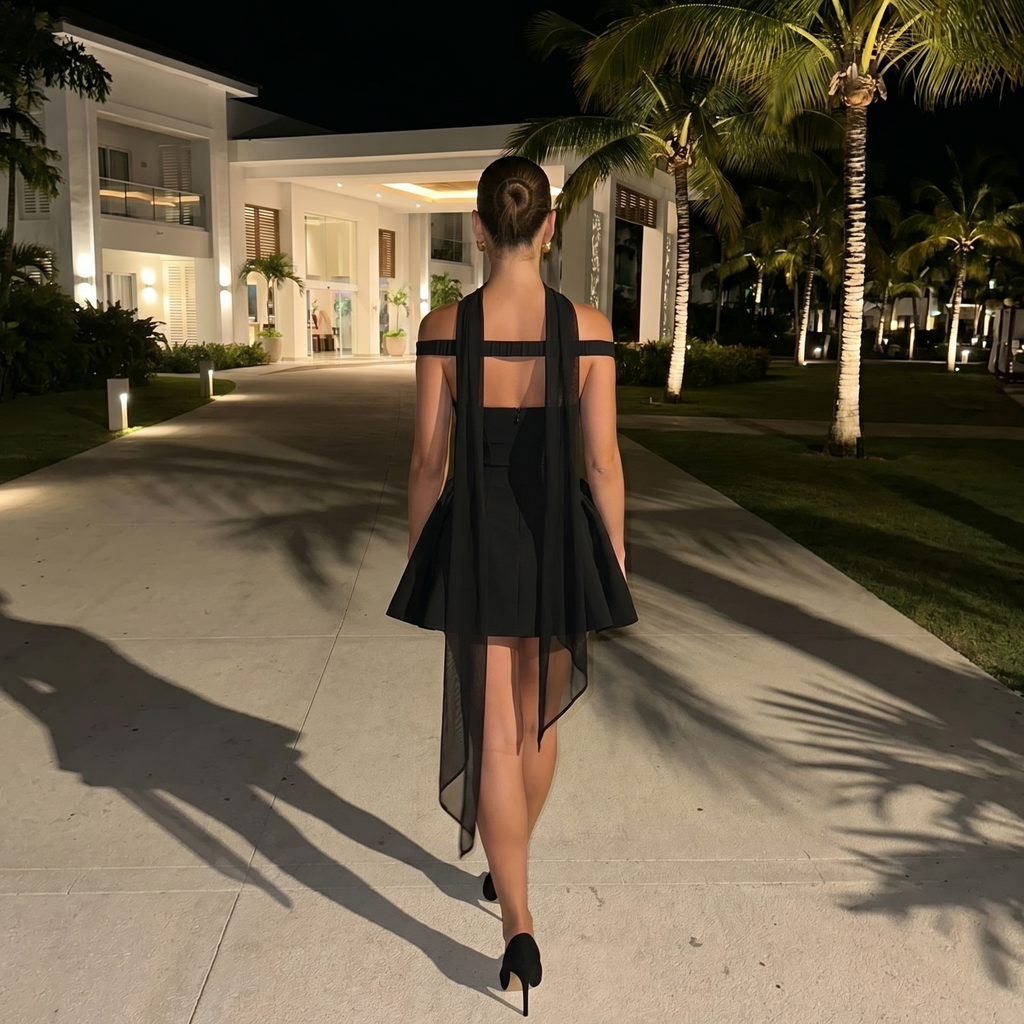 Vestido mini de hombros descubiertos Genevieve de DION NOIR, vestido elegante para ocasiones especiales, en color negro.