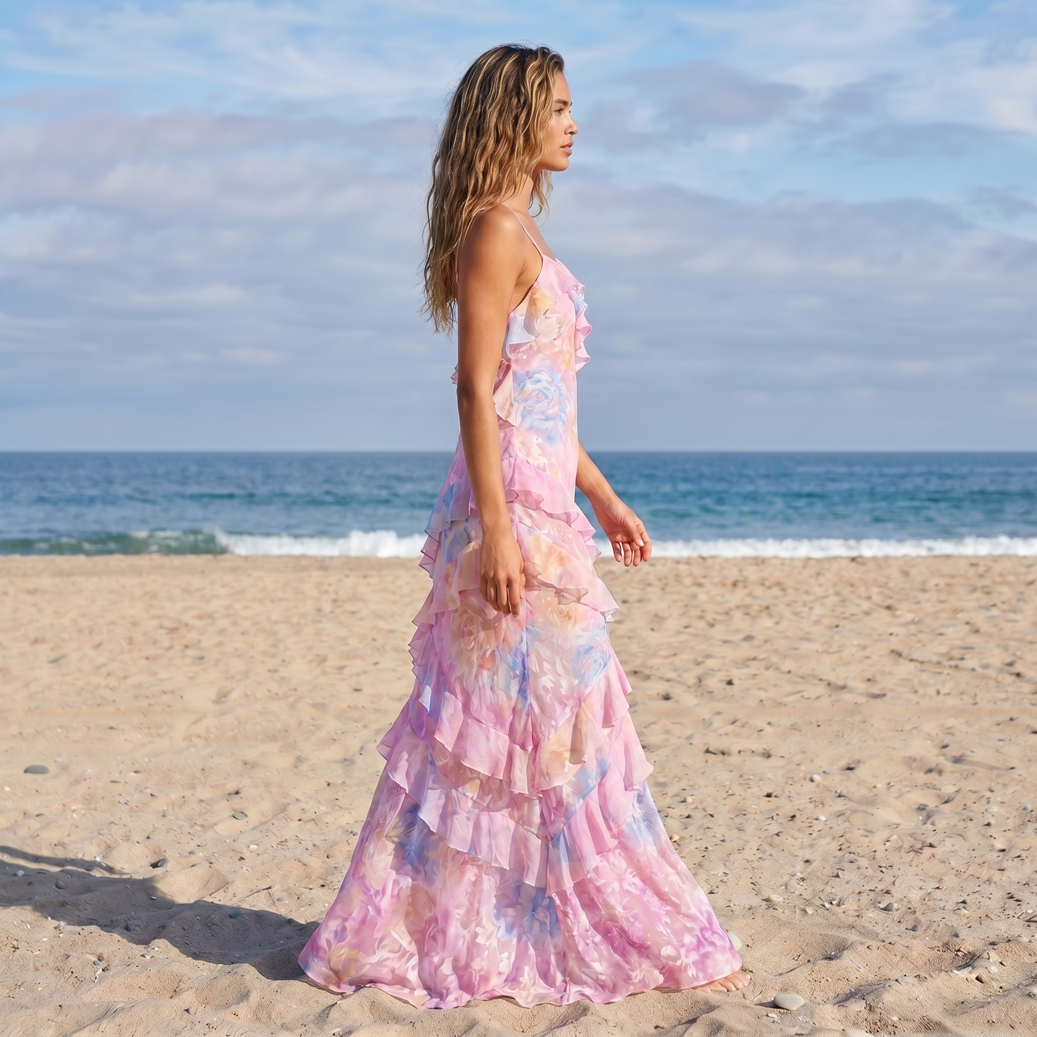 Vestido largo maxi Margaux de DION NOIR con volantes, diseño elegante y fluido en tela ligera de color neutro.