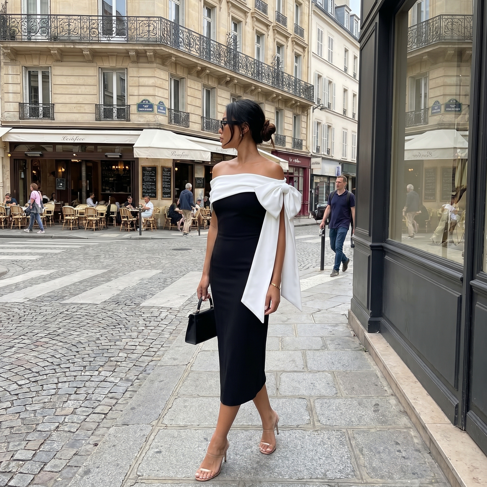 Vestido midi de un solo hombro con lazo y abertura en la pierna, estilo Old Money de la marca DION NOIR.