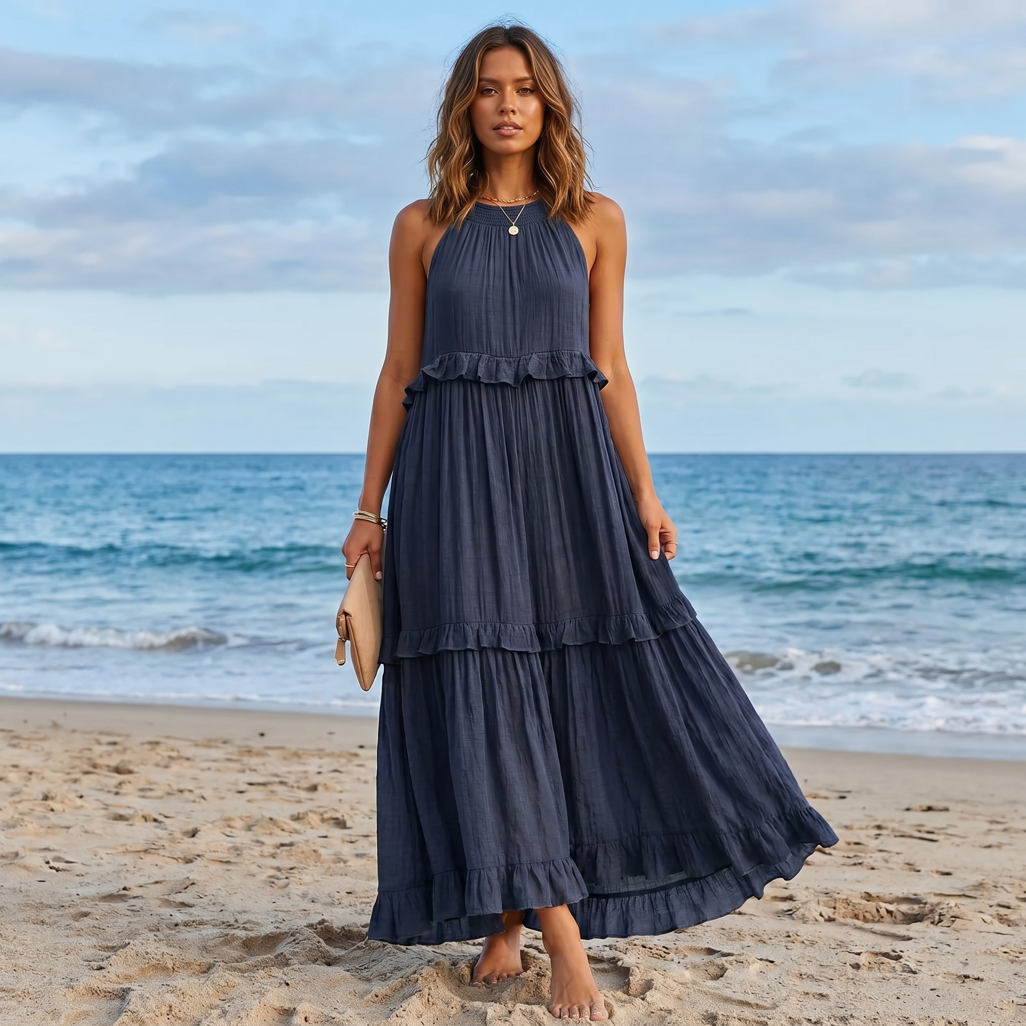 Vestido halter con volantes y bolsillos de DION NOIR, estilo vacaciones, en colores suaves y diseño veraniego.