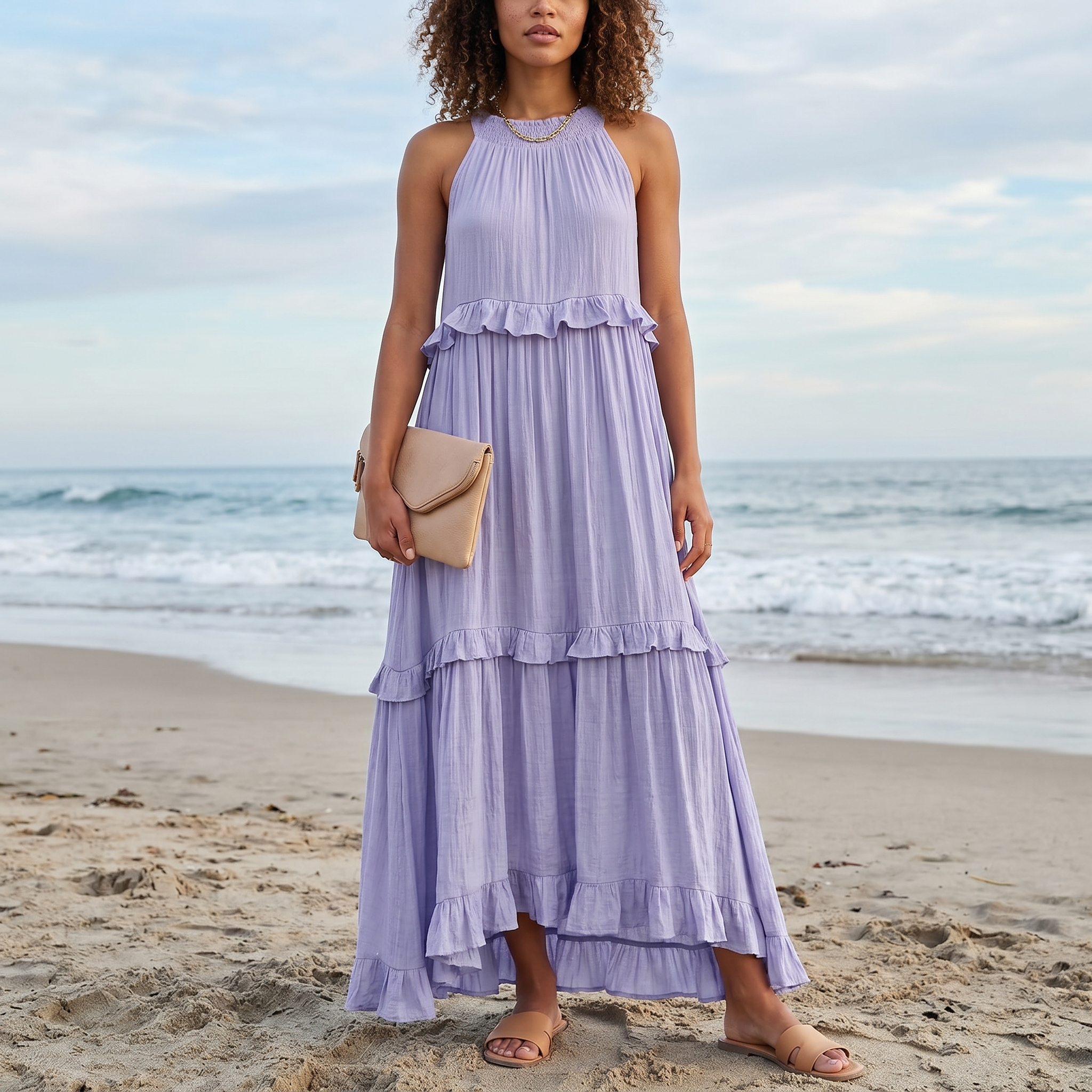Vestido halter con volantes y bolsillos de DION NOIR, estilo vacaciones, en colores claros y diseño ligero para verano.
