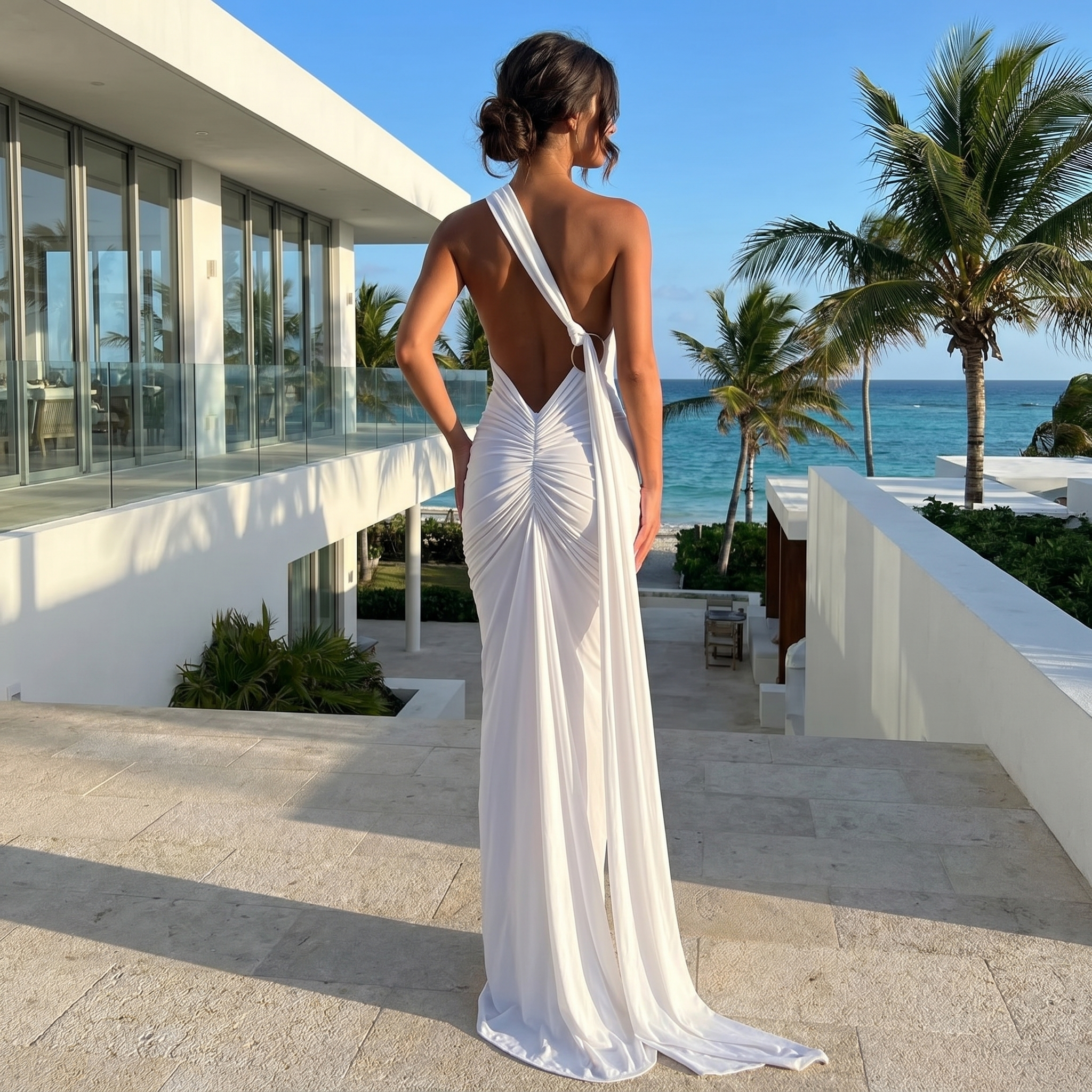 Vestido maxi Callista de DION NOIR en tela fluida, con diseño largo y elegante, ideal para ocasiones especiales.