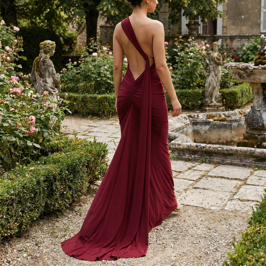 Vestido maxi Callista de DION NOIR en tela suave, con diseño elegante y largo hasta los pies, ideal para ocasiones especiales.