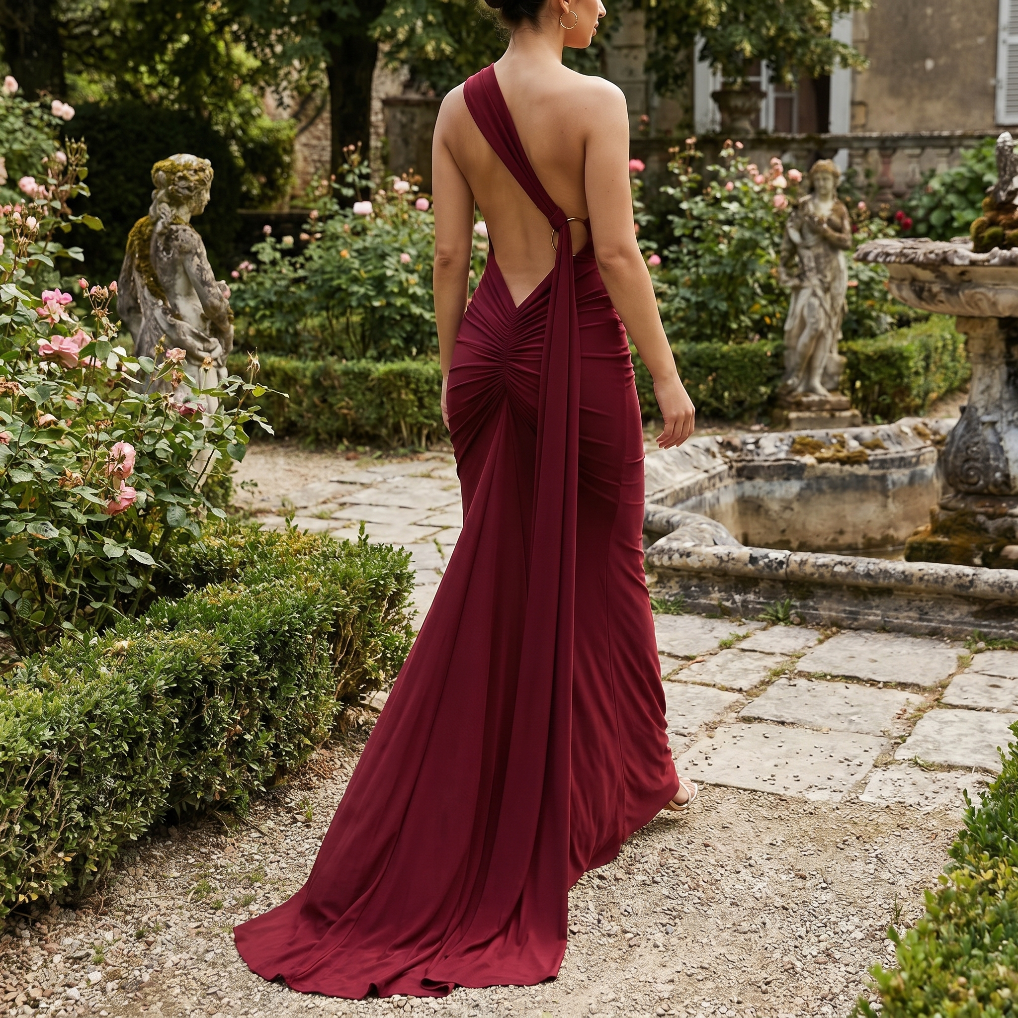 Vestido maxi Callista de DION NOIR en tela suave, con diseño elegante y largo hasta los pies, ideal para ocasiones especiales.