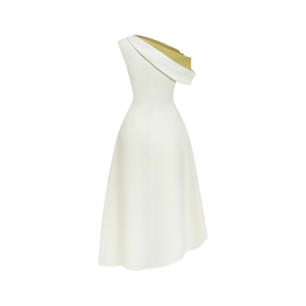 Vestido midi blanco de un hombro con fruncido, de la marca MRNewyork, mostrando el diseño elegante y detalles del vestido.
