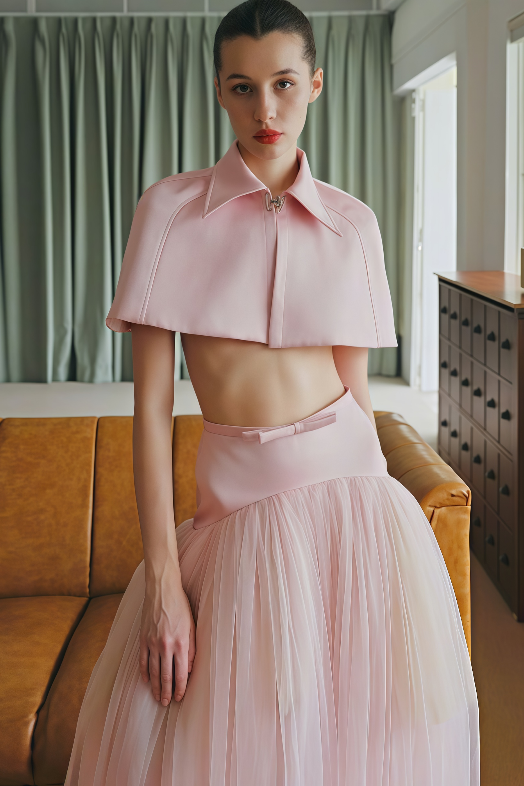 Conjunto de top capa rosa y falda de tul de Bridal, vista del conjunto completo en tonos rosados y detalles elegantes.