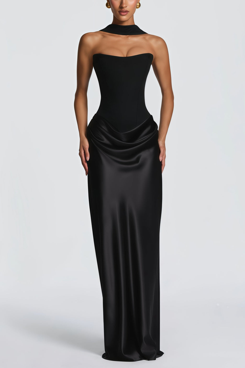 Escote en hombro y vestido largo negro de Maxi de Bridal con pañuelo negro y estilo ajustado y romántico.
