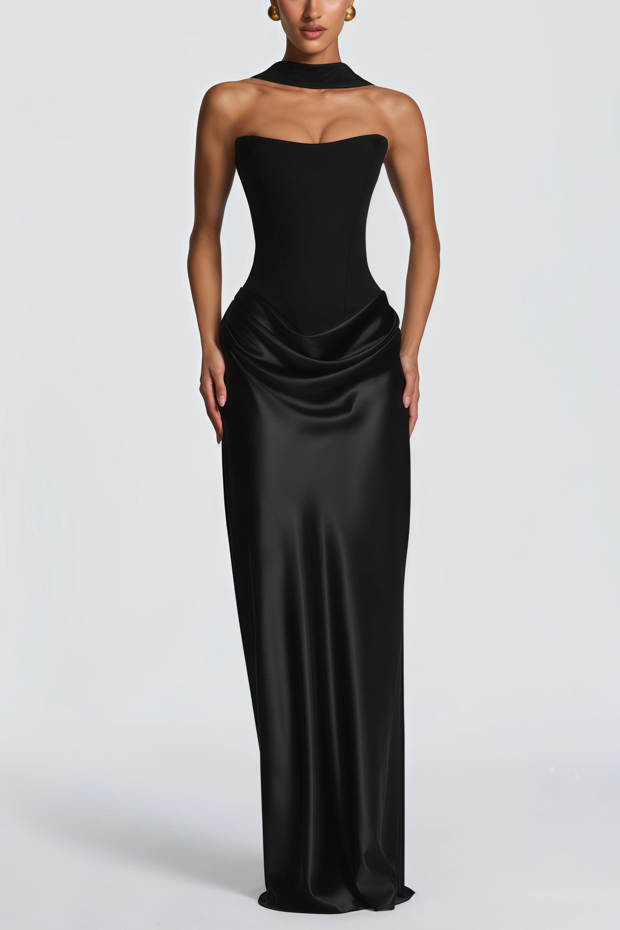 Escote en hombro y vestido largo negro de Maxi de Bridal con pañuelo negro y estilo ajustado y romántico.